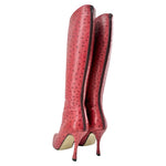 Walter Steiger Red Ostrich Leather Knee High Boots, 37 1/2, side back