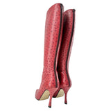 Walter Steiger Red Ostrich Leather Knee High Boots, 37 1/2, side back
