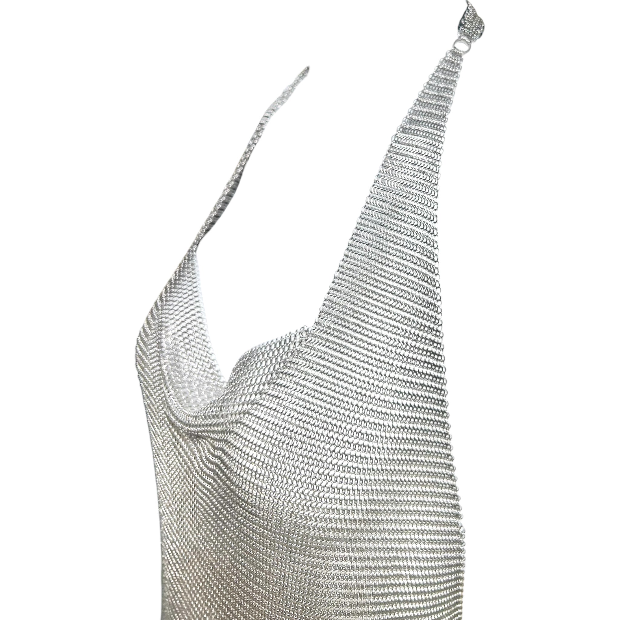 Ferrara 1980s Rare Pewter Ring Mesh Chain Mail Halter Dress, top side
