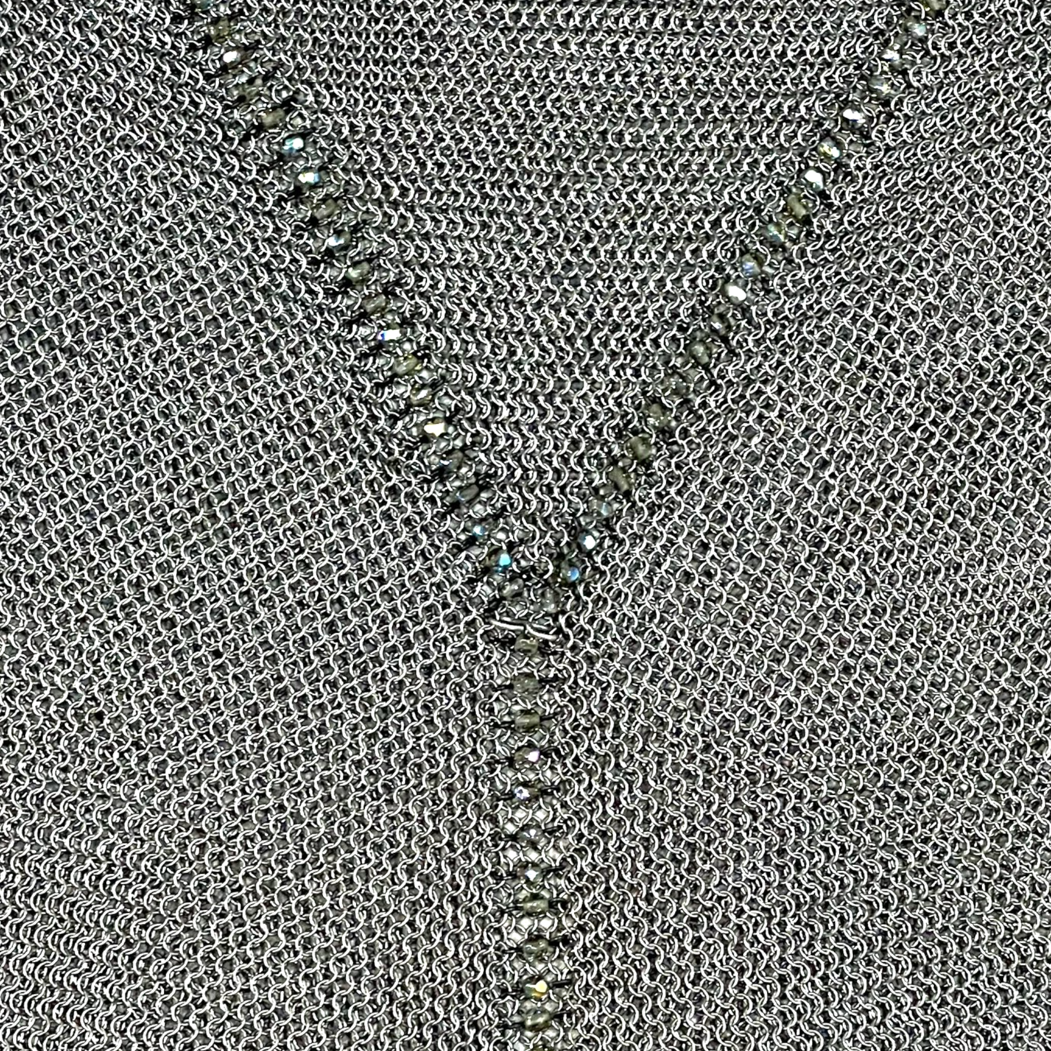 Ferrara 1980s Rare Pewter Ring Mesh Chain Mail Halter Dress, detail