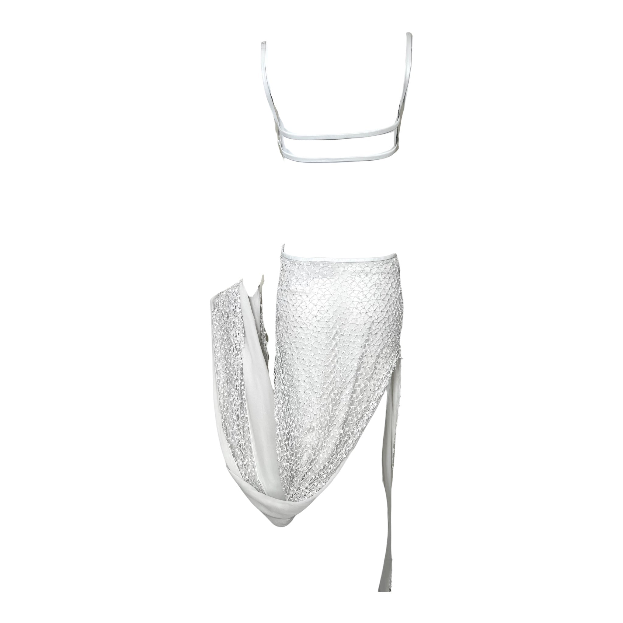 Richard Tyler Bride 1990's White Cut Out Column Gown w/Net Overlay, back without mannequin