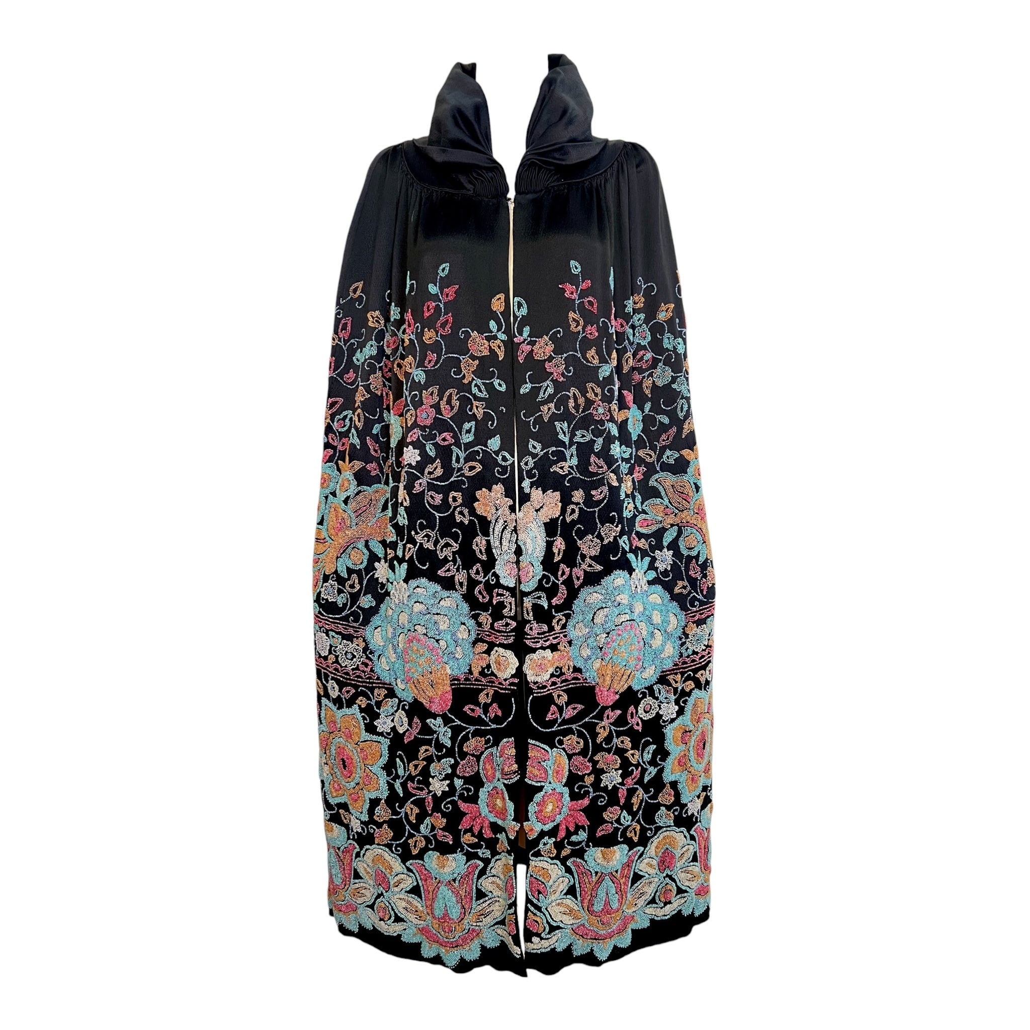 1920's Black Satin Cape with Dense Colorful Beading