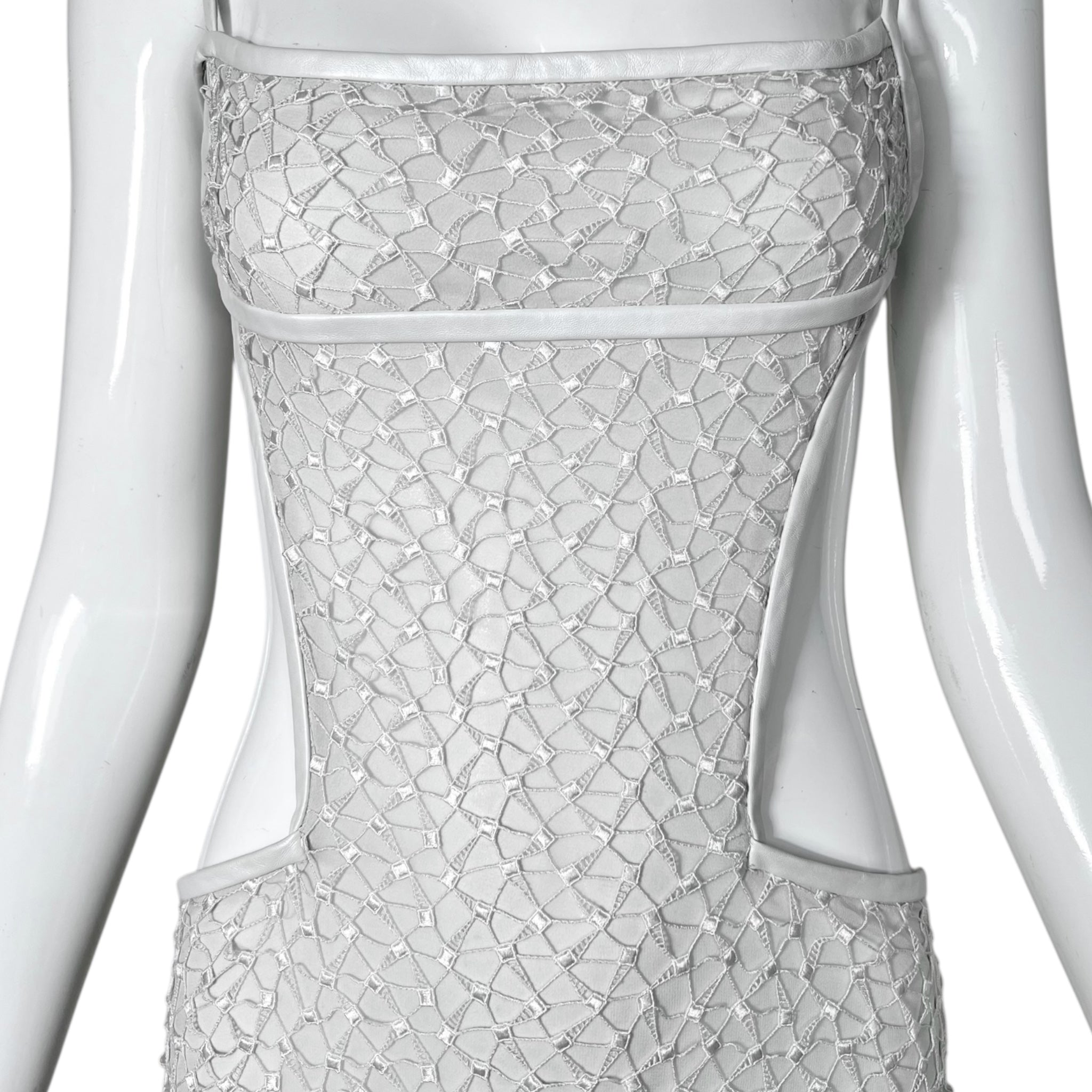 Richard Tyler Bride 1990's White Cut Out Column Gown w/Net Overlay, bodice