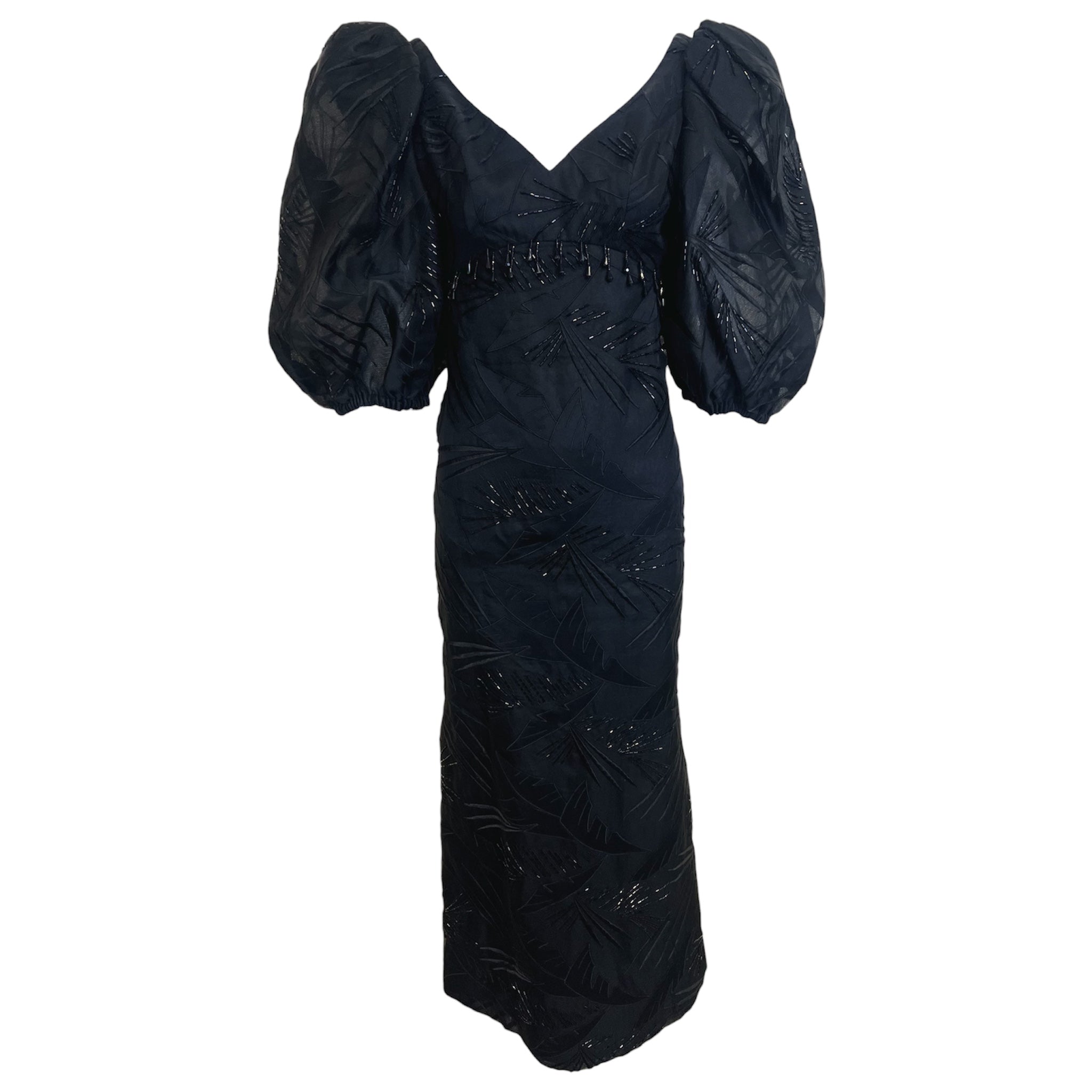 Ruben Panis 1980's Black Beaded Terno Puff Sleeve Gown
