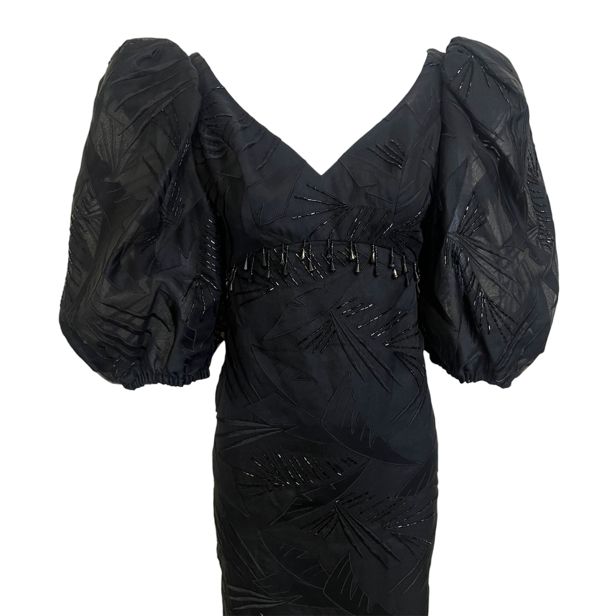 Ruben Panis 1980's Black Beaded Terno Puff Sleeve Gown, top