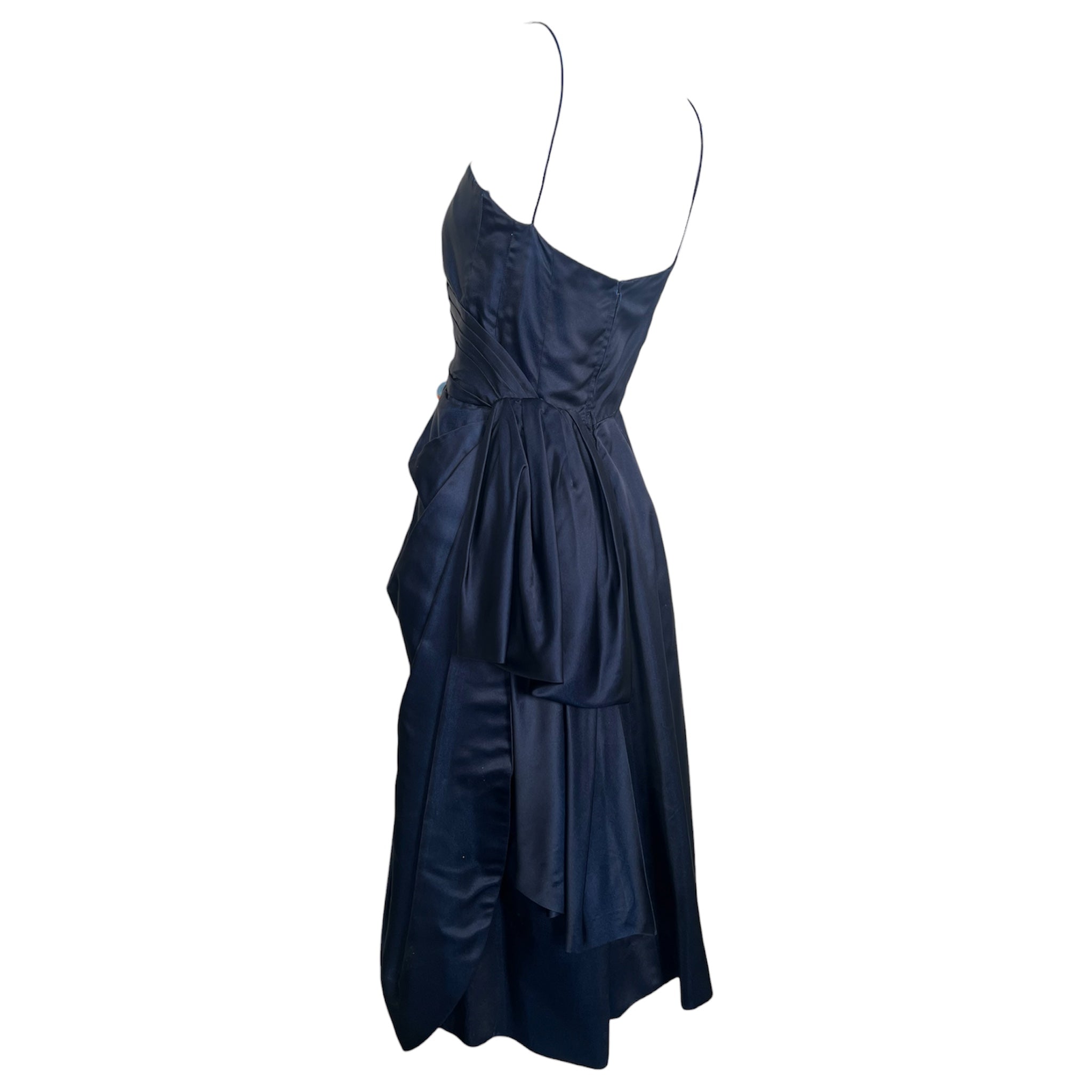 1950's Midnight Blue Silk Old Hollywood Evening Dress, side 2