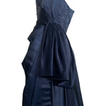 1950's Midnight Blue Silk Old Hollywood Evening Dress, side detail