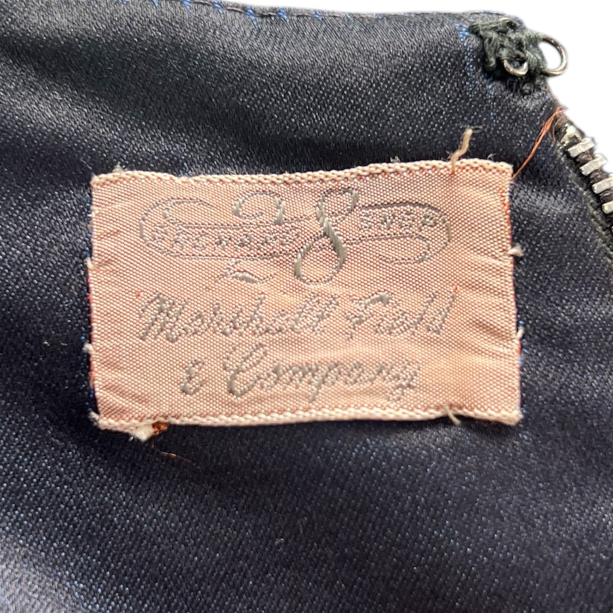 1950's Midnight Blue Silk Old Hollywood Evening Dress, label
