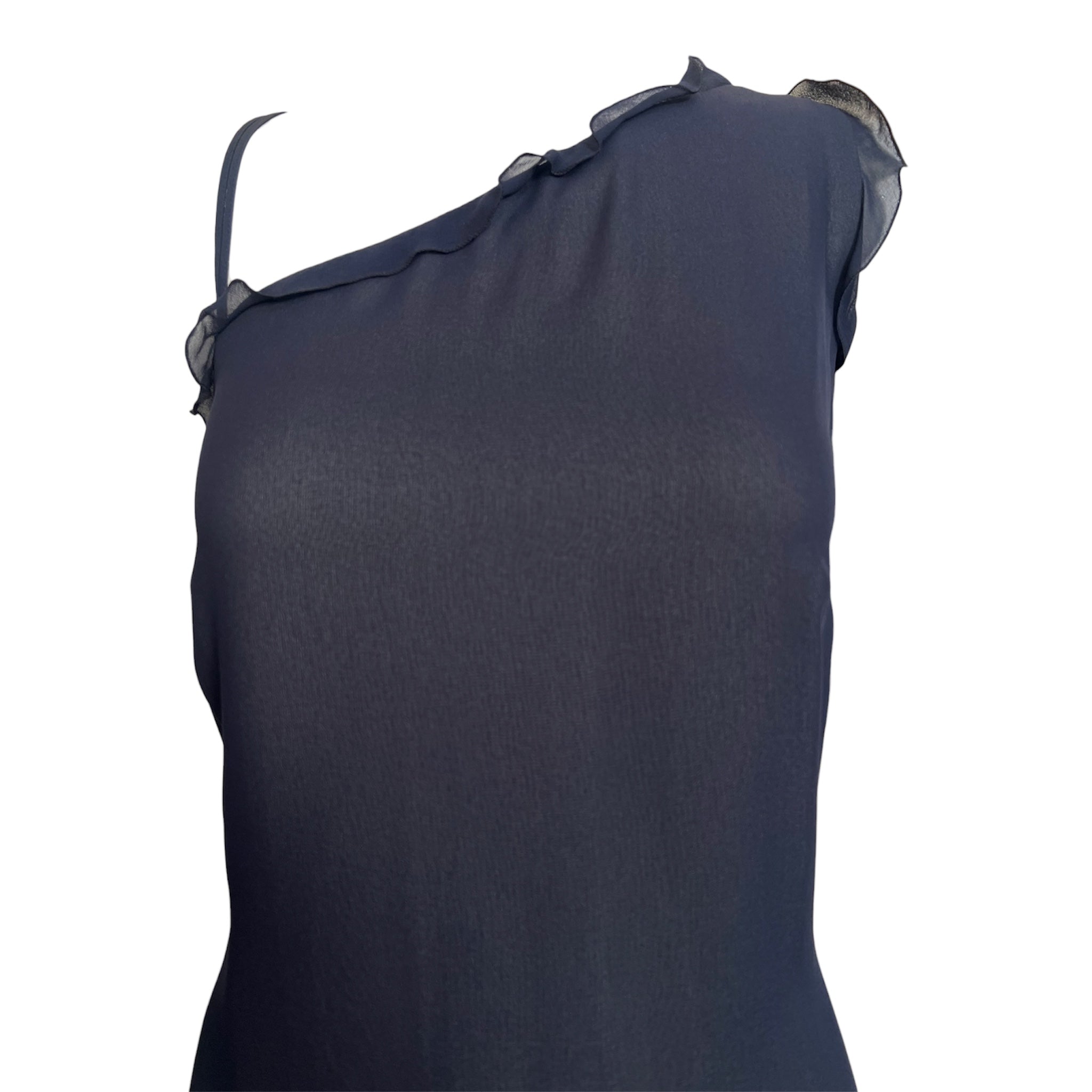 Akris 2000's Navy Silk Ruffled One Shoulder Cocktail Dress, top