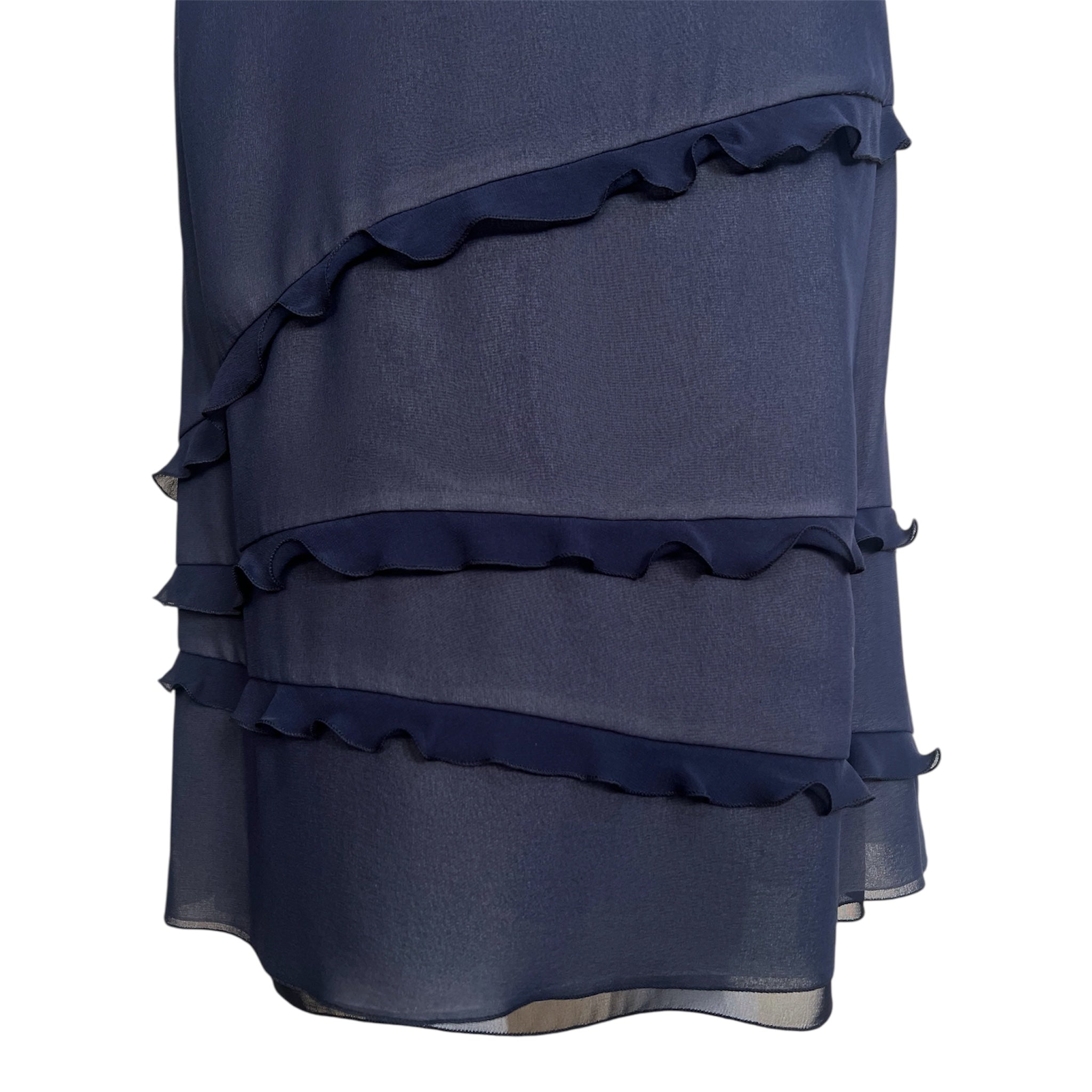 Akris 2000's Navy Silk Ruffled One Shoulder Cocktail Dress, skirt