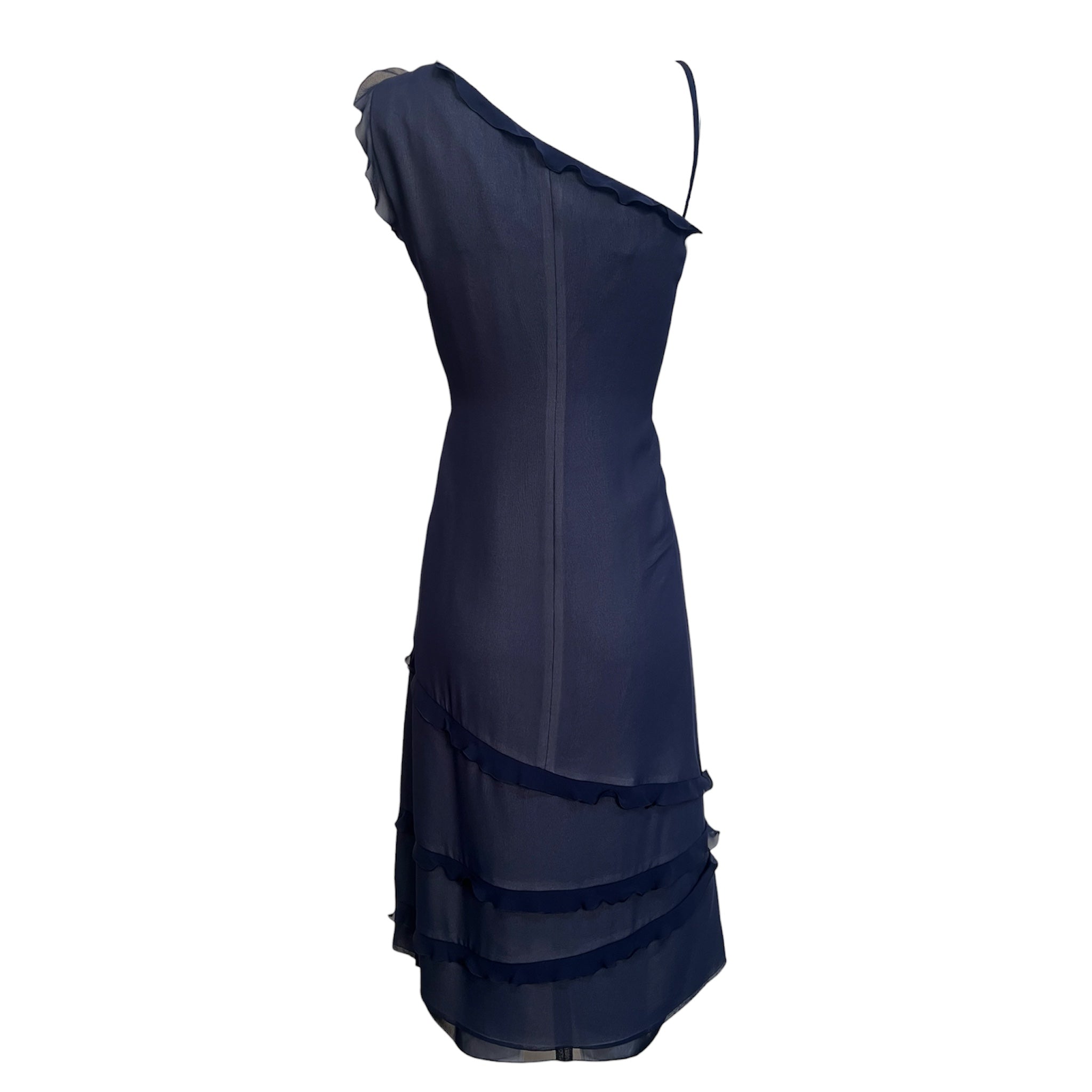 Akris 2000's Navy Silk Ruffled One Shoulder Cocktail Dress, back