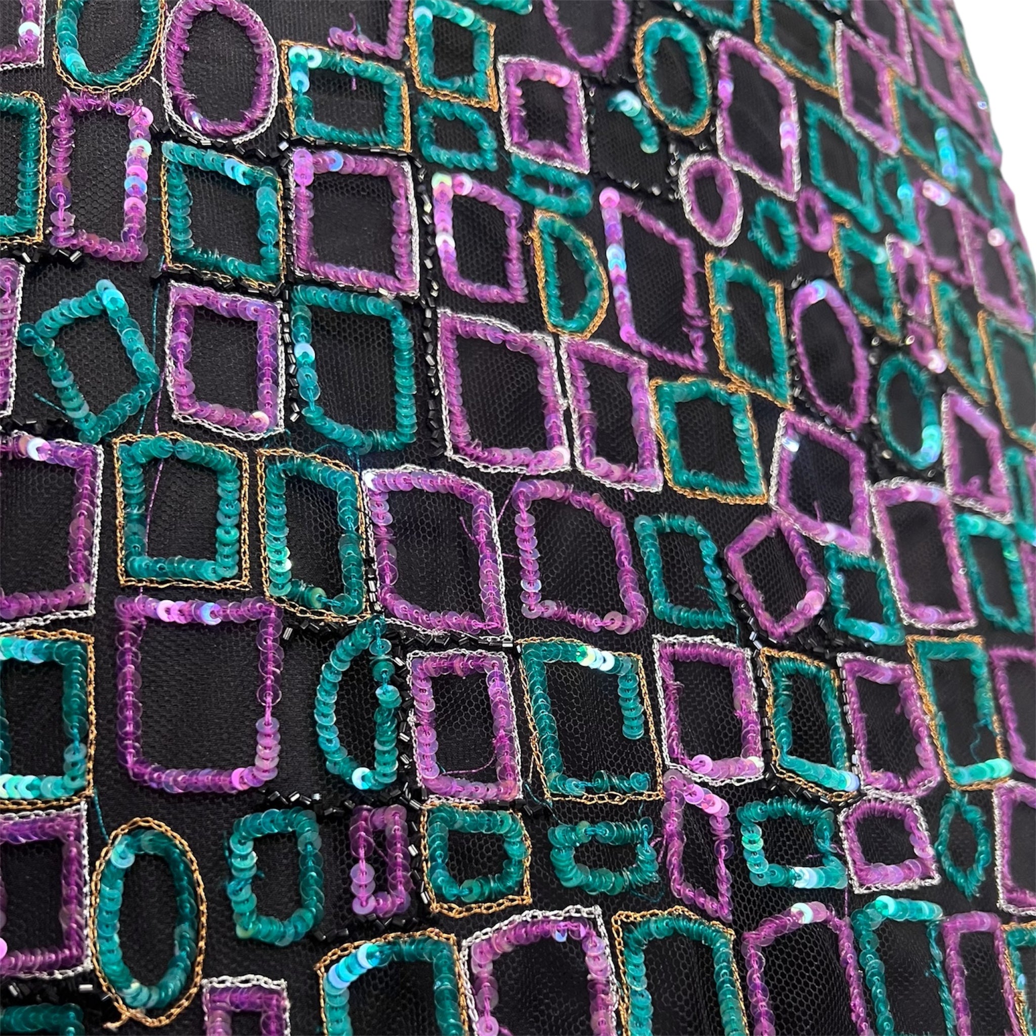 1980's Strapless Mermaid Gown and Bolero with Purple and Teal Geometric Beading, sequin detail