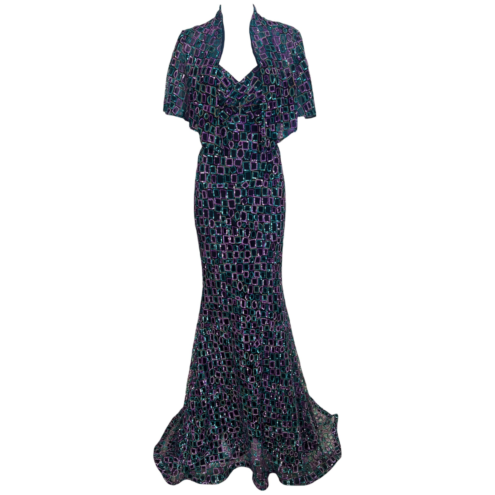 1980's Strapless Mermaid Gown and Bolero with Purple and Teal Geometric Beading