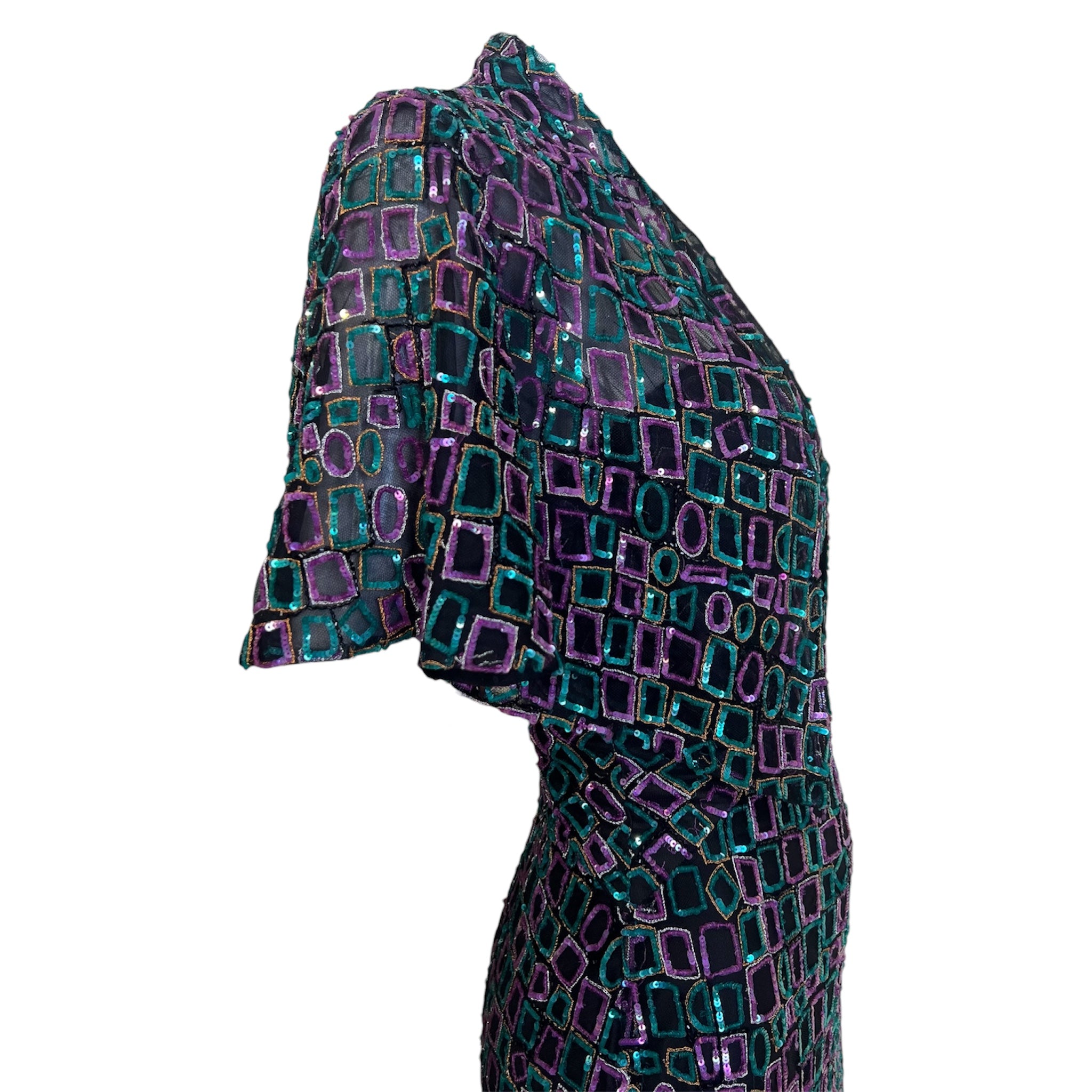 1980's Strapless Mermaid Gown and Bolero with Purple and Teal Geometric Beading, side top with bolero