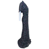 1980's Strapless Mermaid Gown and Bolero with Purple and Teal Geometric Beading, side w/bolero