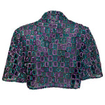 1980's Strapless Mermaid Gown and Bolero with Purple and Teal Geometric Beading, bolero back