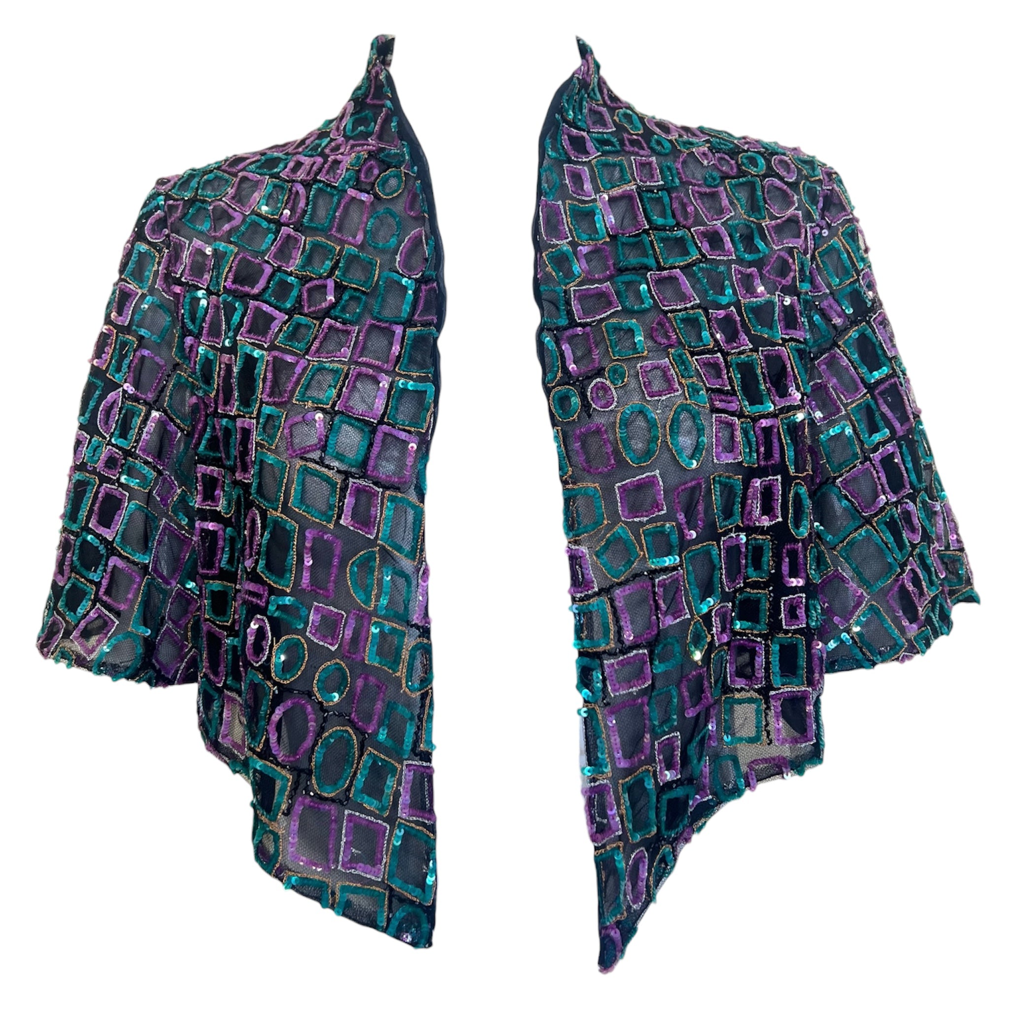1980's Strapless Mermaid Gown and Bolero with Purple and Teal Geometric Beading, bolero