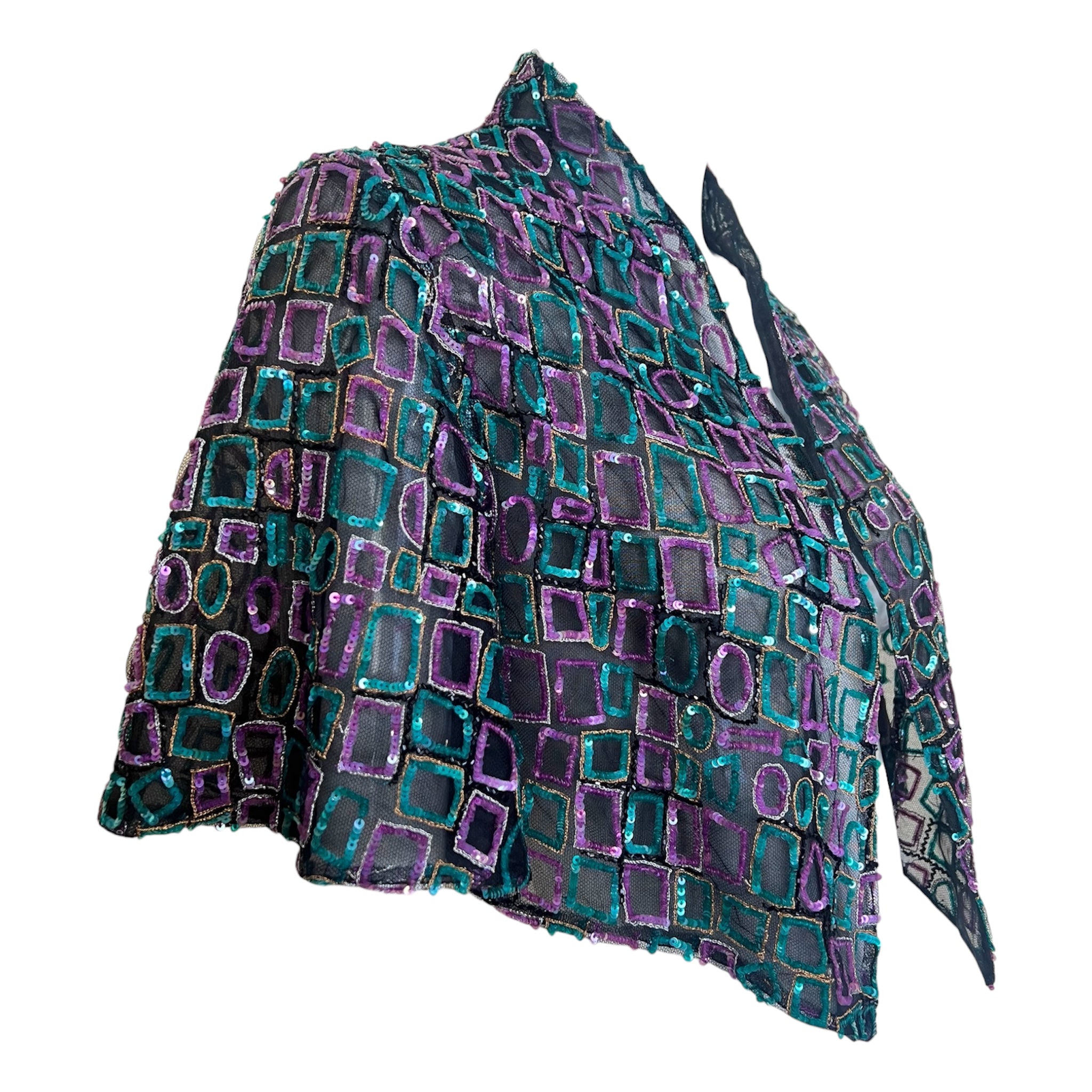 1980's Strapless Mermaid Gown and Bolero with Purple and Teal Geometric Beading, side bolero