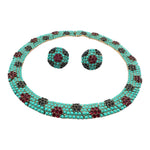Crown Trifari 60's Demi-Parure Faux Turquoise, Ruby and Sapphire Necklace Earring Set