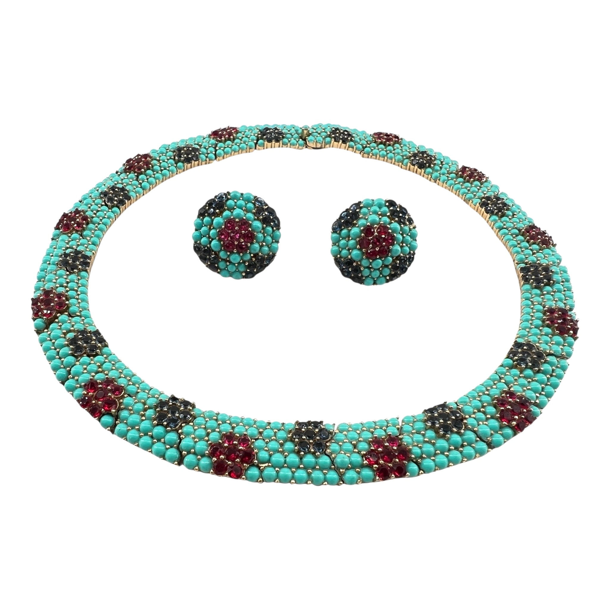 Crown Trifari 60's Demi-Parure Faux Turquoise, Ruby and Sapphire Necklace Earring Set