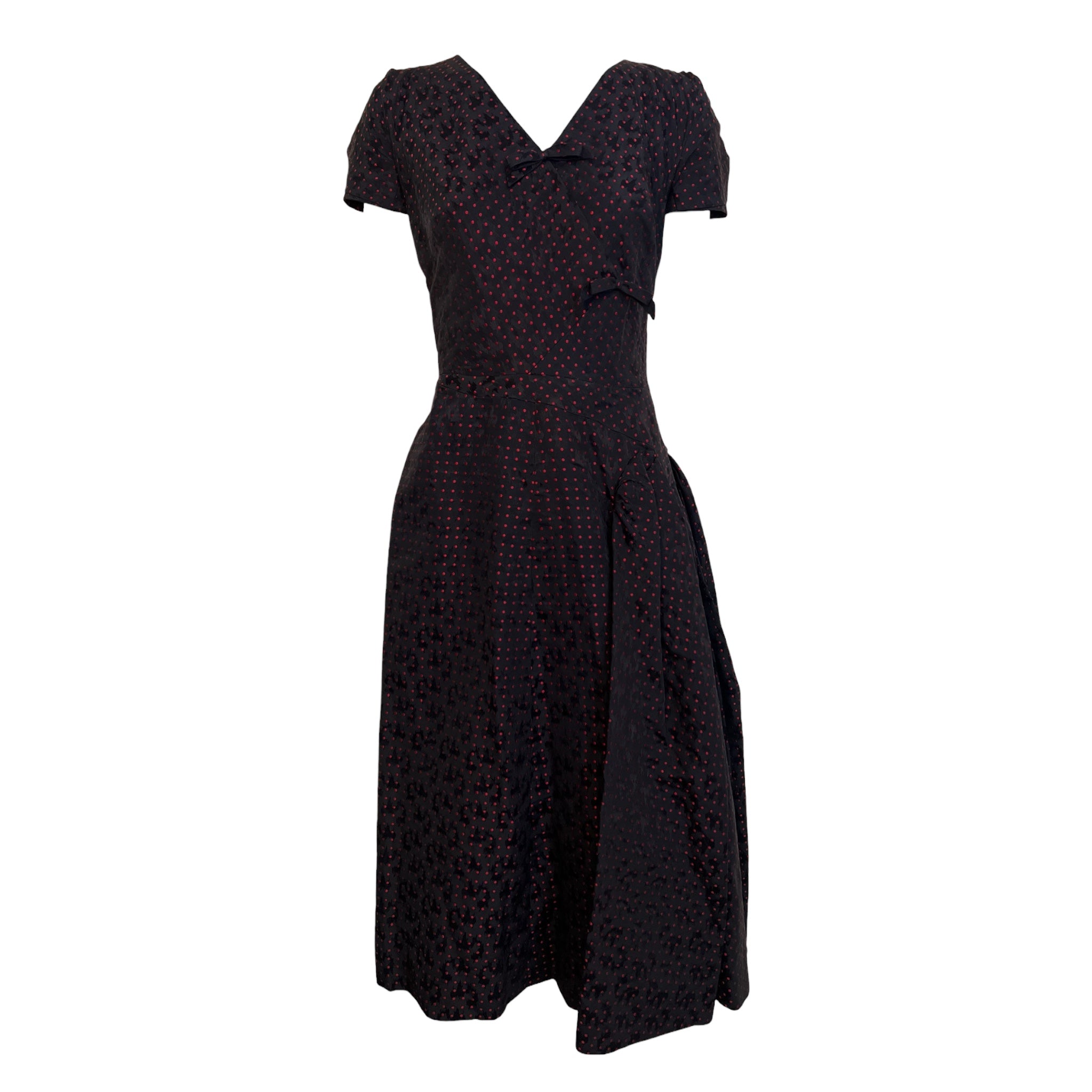 Mainbocher Late 1940's Red and Black Polka Silk Brocade Dot Party Dress