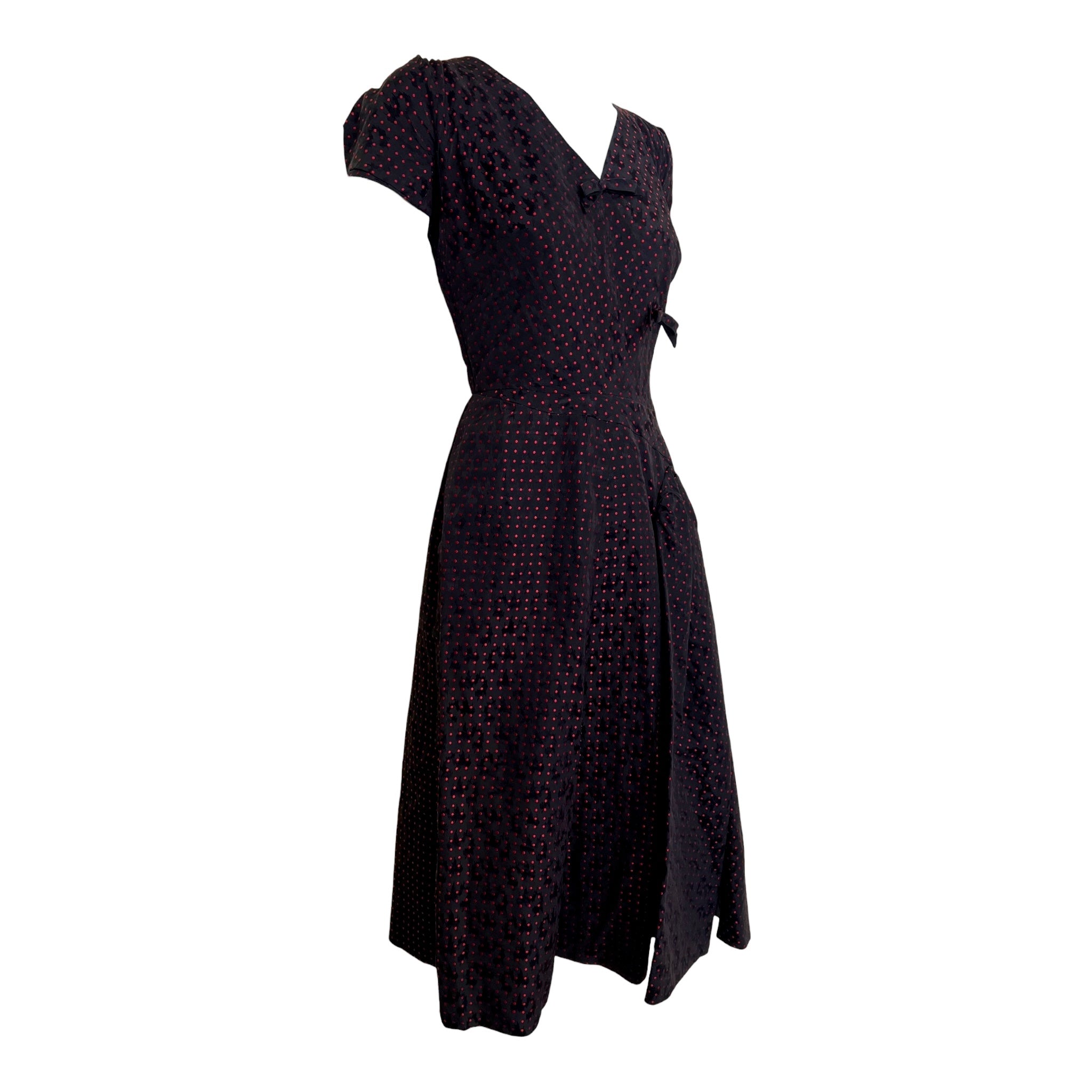 Mainbocher Late 1940's Red and Black Polka Silk Brocade Dot Party Dress, side