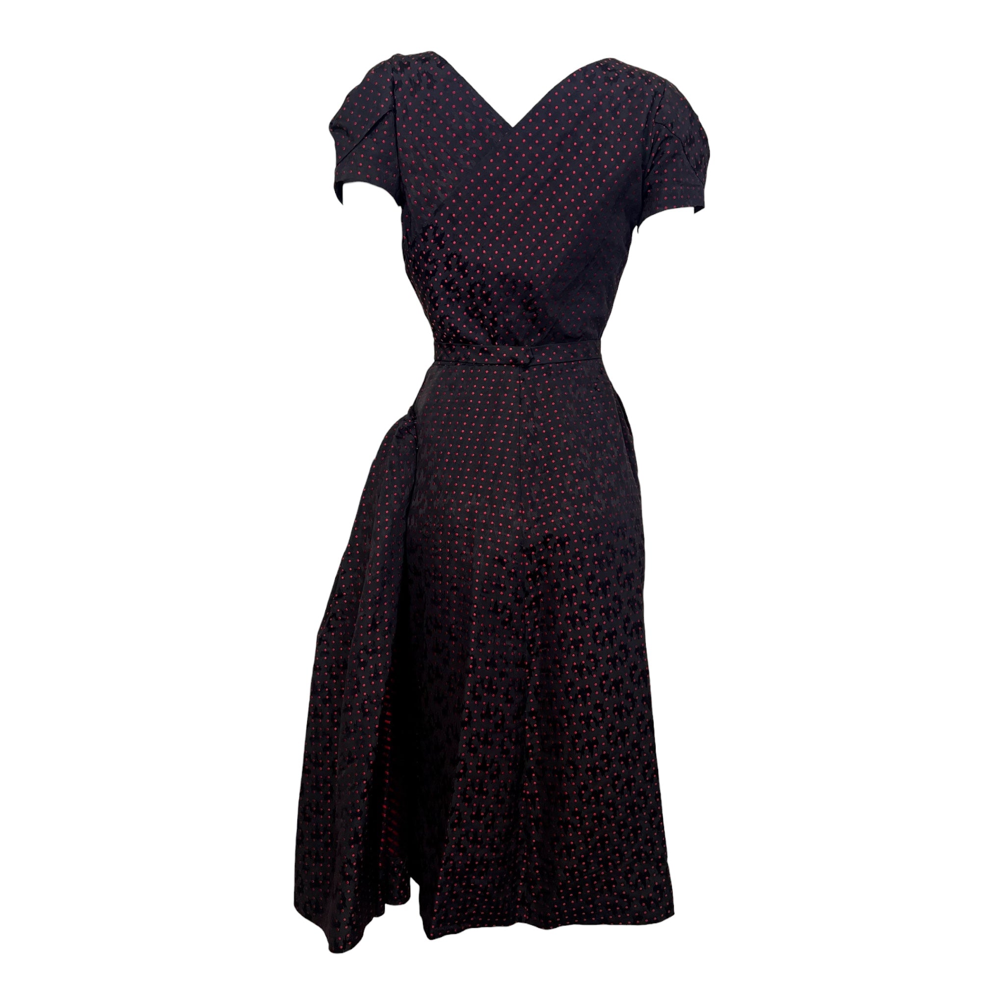 Mainbocher Late 1940's Red and Black Polka Silk Brocade Dot Party Dress, back