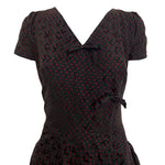 Mainbocher Late 1940's Red and Black Polka Silk Brocade Dot Party Dress, bodice