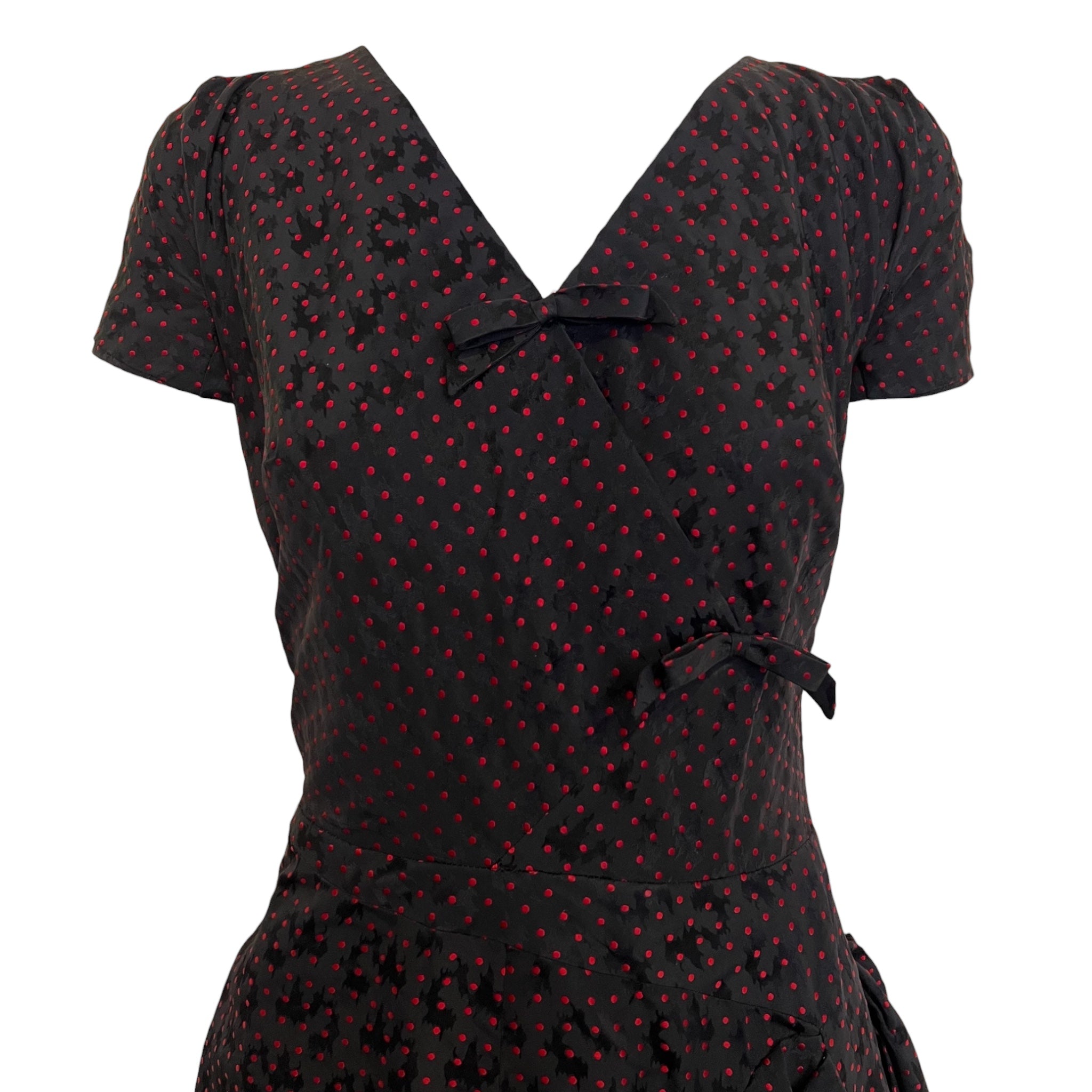 Mainbocher Late 1940's Red and Black Polka Silk Brocade Dot Party Dress, bodice