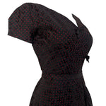 Mainbocher Late 1940's Red and Black Polka Silk Brocade Dot Party Dress, side bodice
