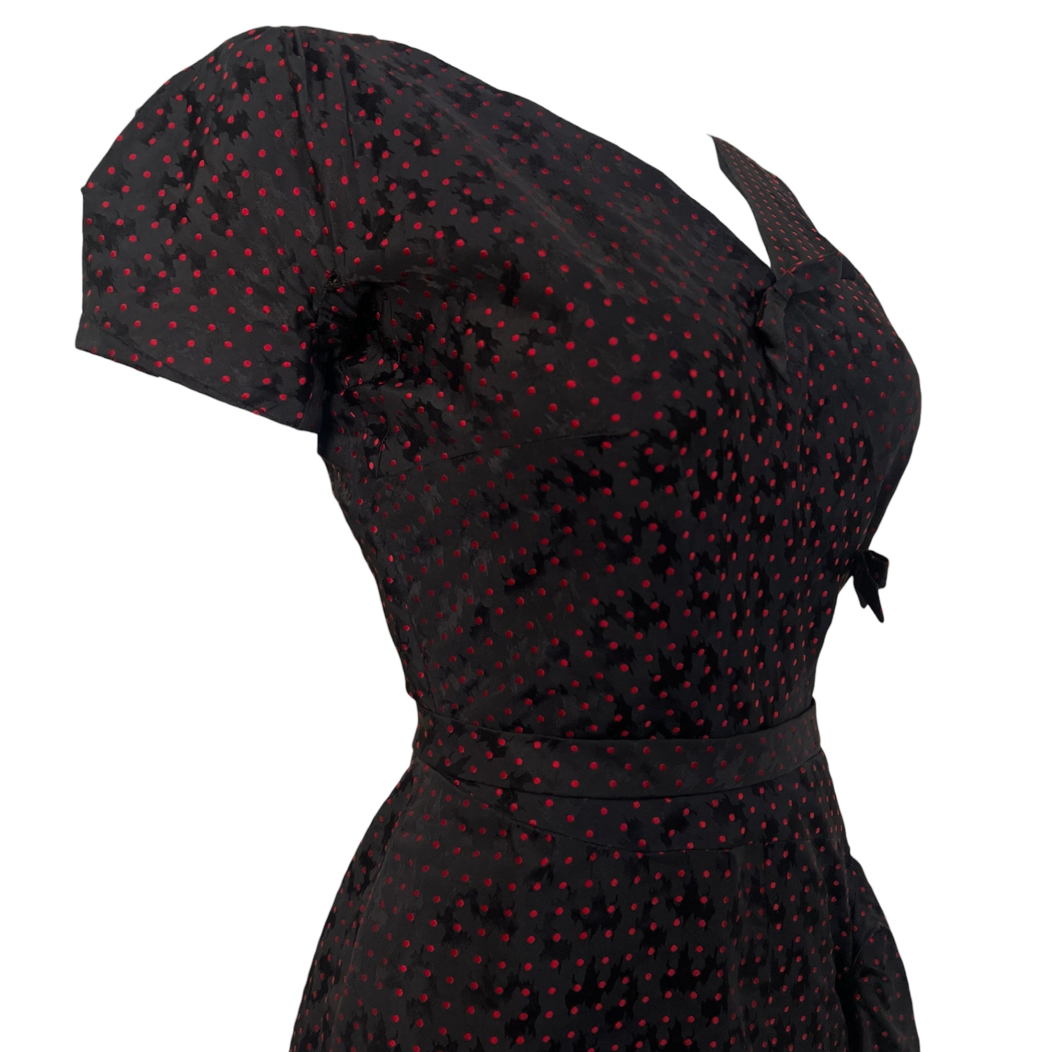 Mainbocher Late 1940's Red and Black Polka Silk Brocade Dot Party Dress, side bodice