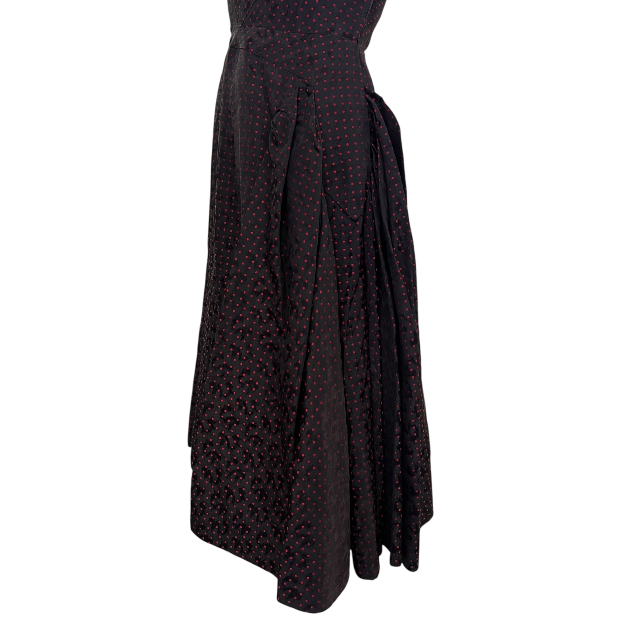 Mainbocher Late 1940's Red and Black Polka Silk Brocade Dot Party Dress, side detail