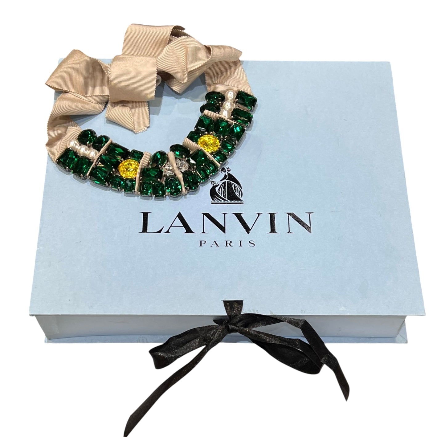Lanvin Jewel Toned Crystal and Ribbon Collar Necklace and Box, duo