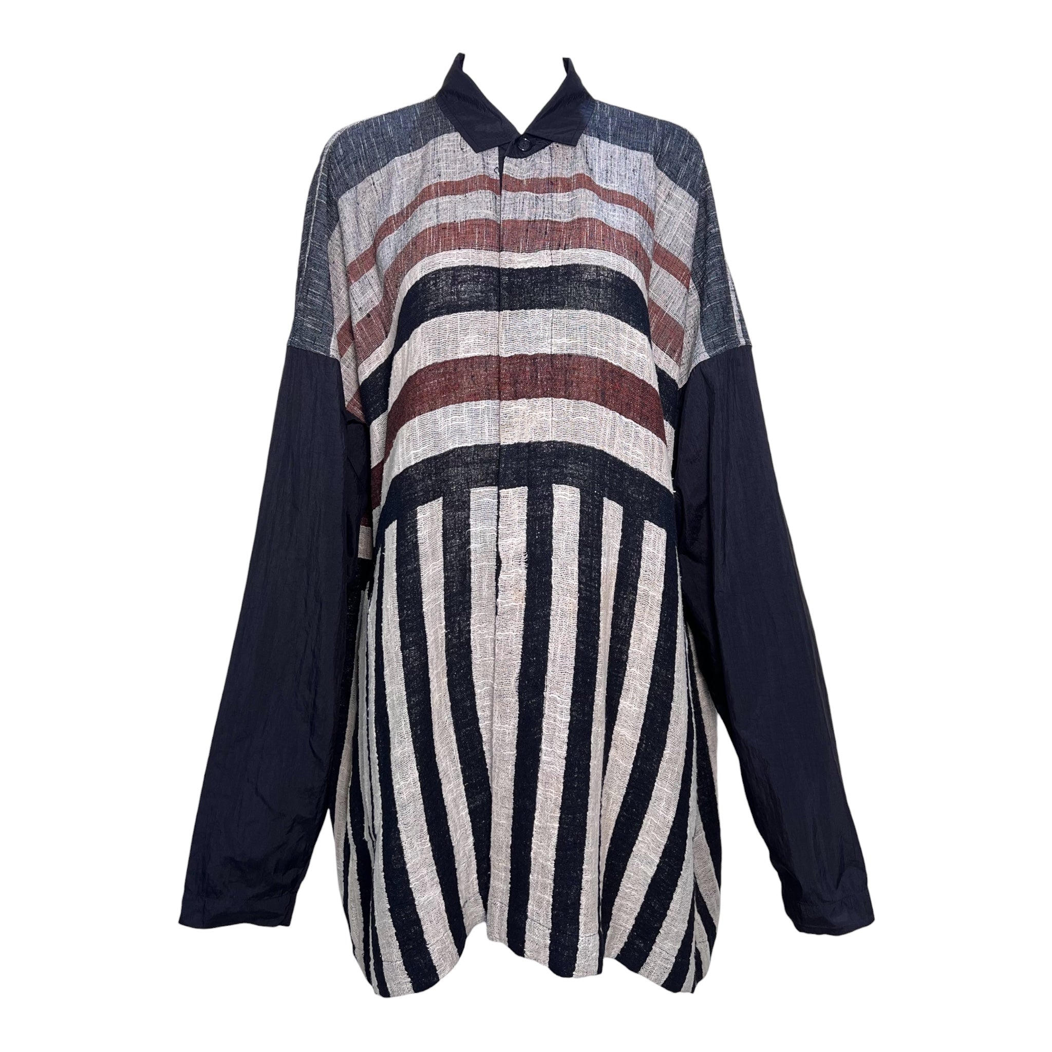 Issey Miyake S/S 1985 Gauzy Block Print Striped Tunic Button Up Shirt