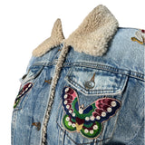 Gucci F/W 2016 Denim Patchwork Jacket with Faux Shearling Lining, front neck