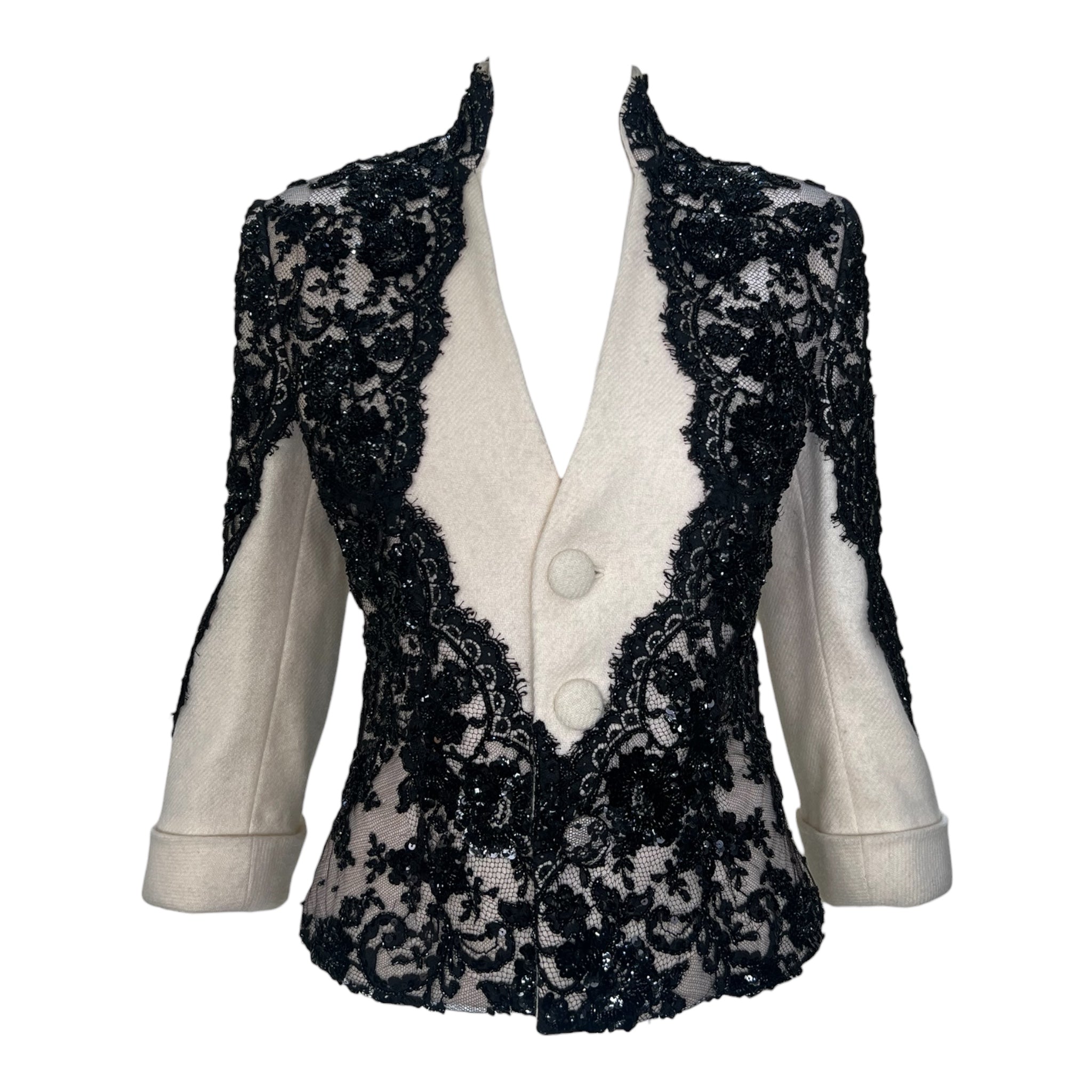 Irene Cream Wool and Black Lace Blazer Jacket