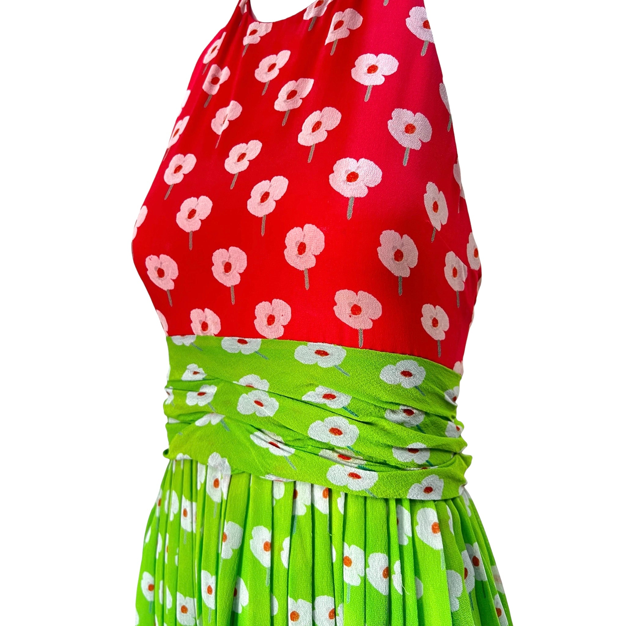 Bill Blass 1973 Pink and Green Floral Silk Chiffon Mini Dress + Scarf, bodice