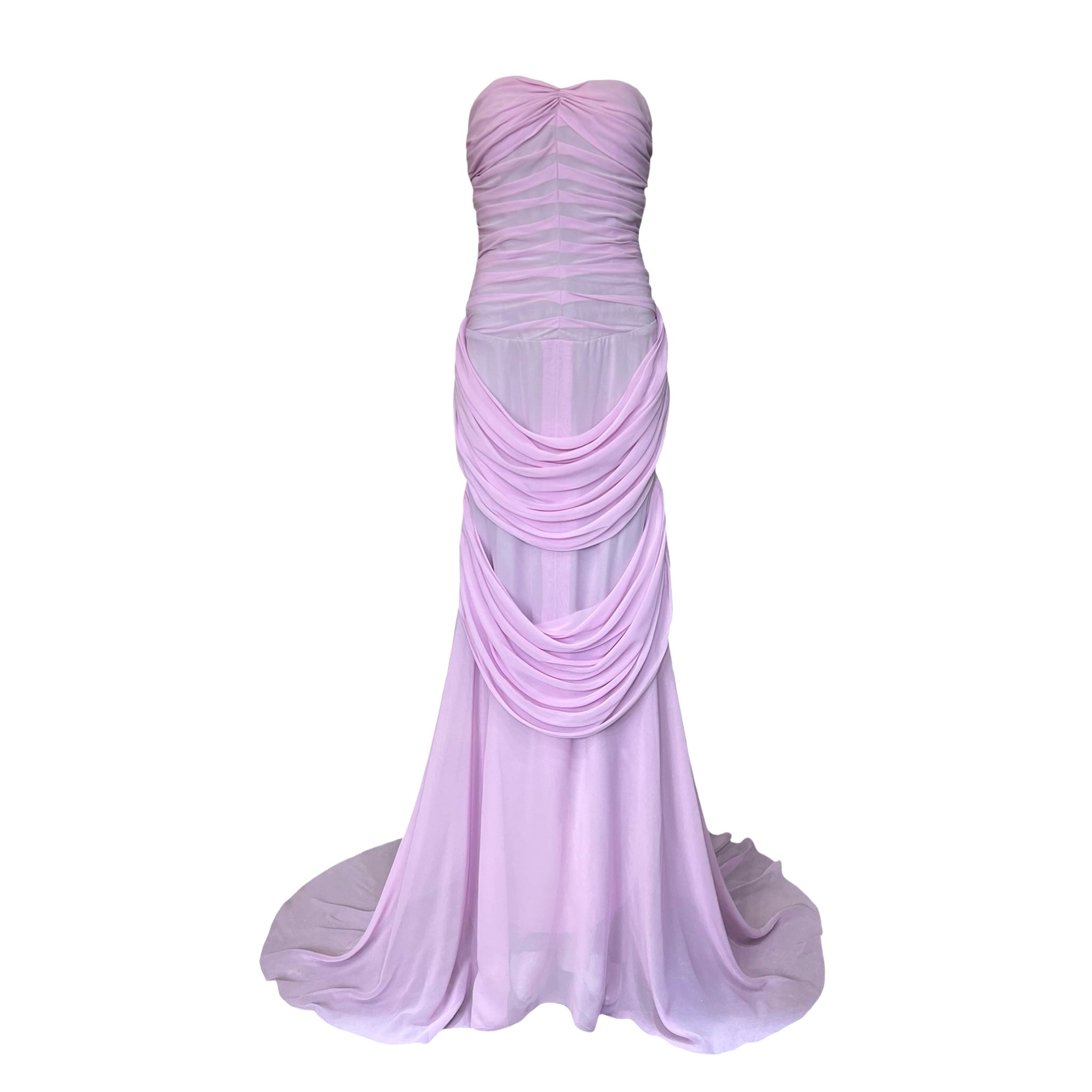 Irene 2000's Lilac Pink Silk Chiffon Ruched Strapless Mermaid Gown Irene 2000's Lilac Pink Silk Chiffon Ruched Strapless Mermaid Gown