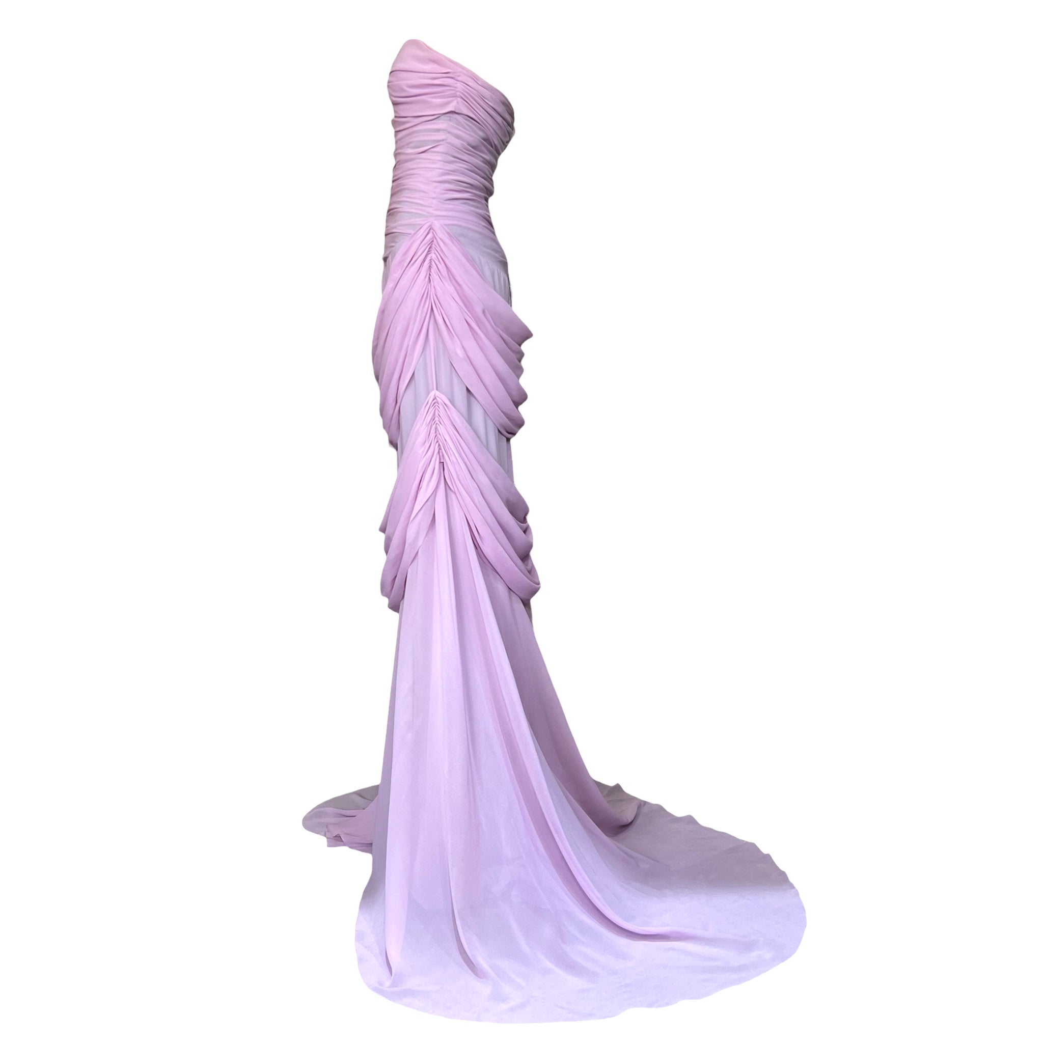 Irene 2000s Lilac Pink Silk Chiffon Ruched Strapless Mermaid Gown with Train, side