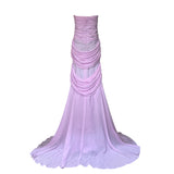 Irene 2000s Lilac Pink Silk Chiffon Ruched Strapless Mermaid Gown with Train, back