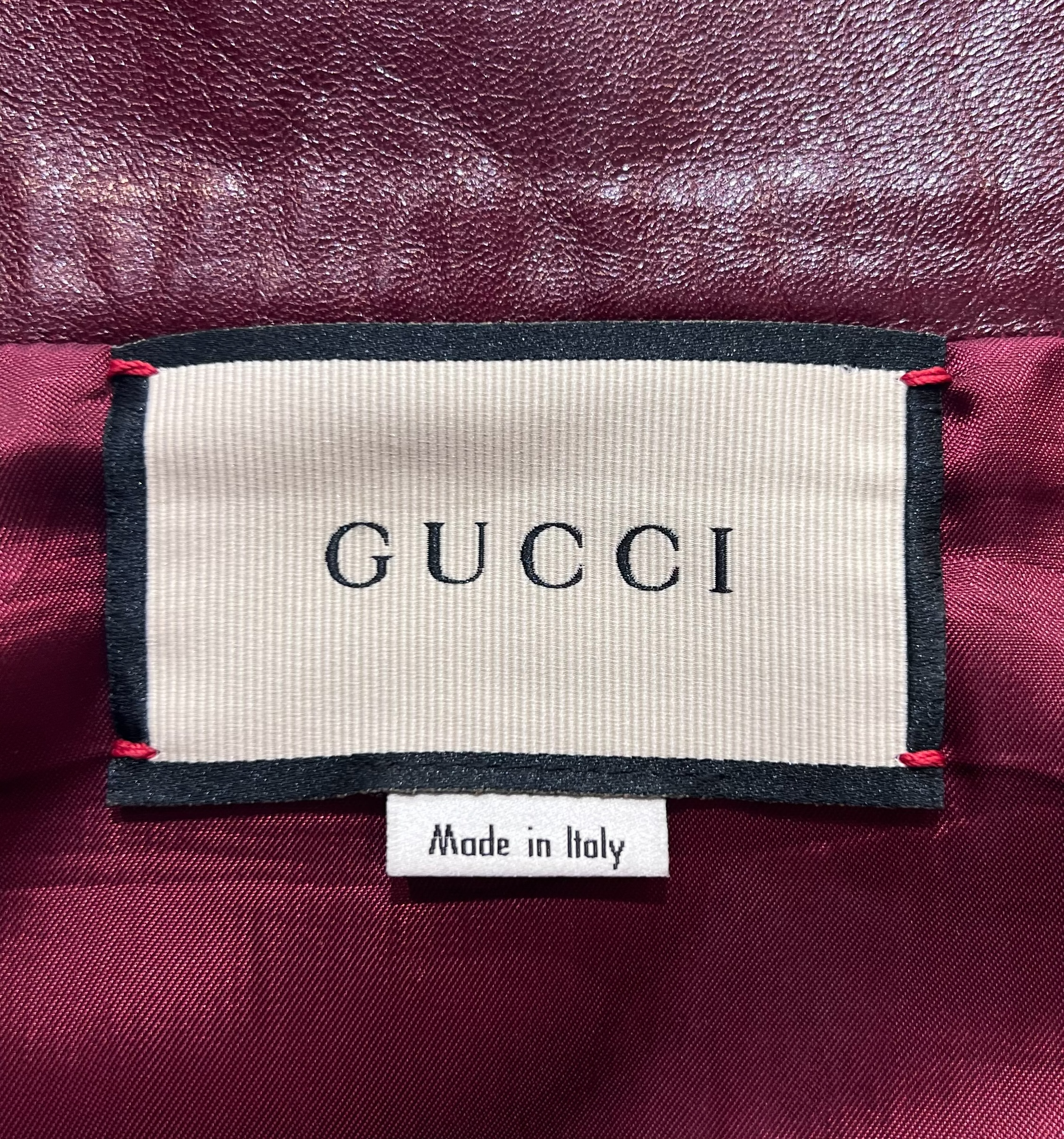 Gucci S/S 2020 Oxblood Red Leather Midi Skirt, label