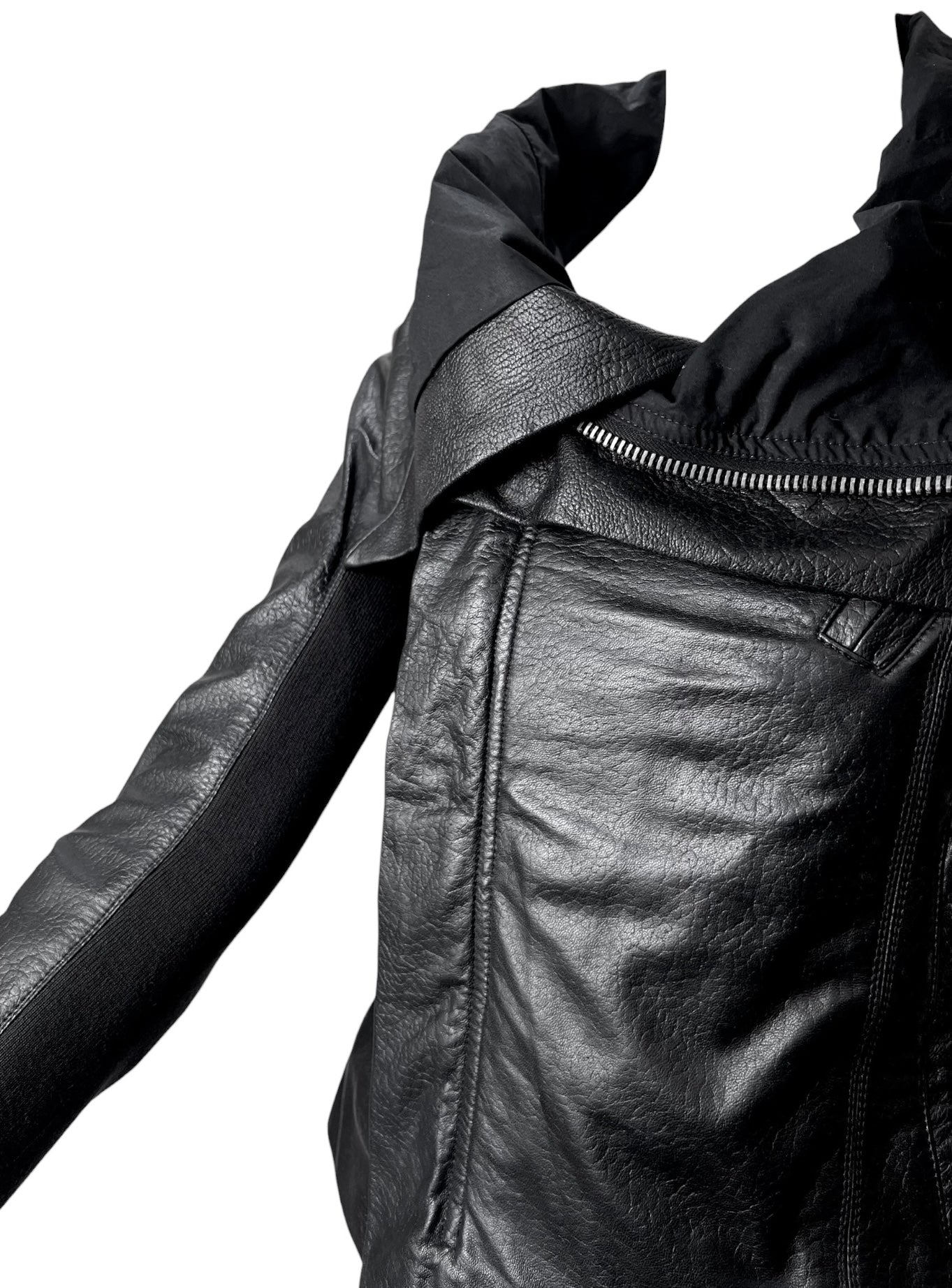 Rick Owens 2020s Black Lambskin Leather Moto Jacket, close up