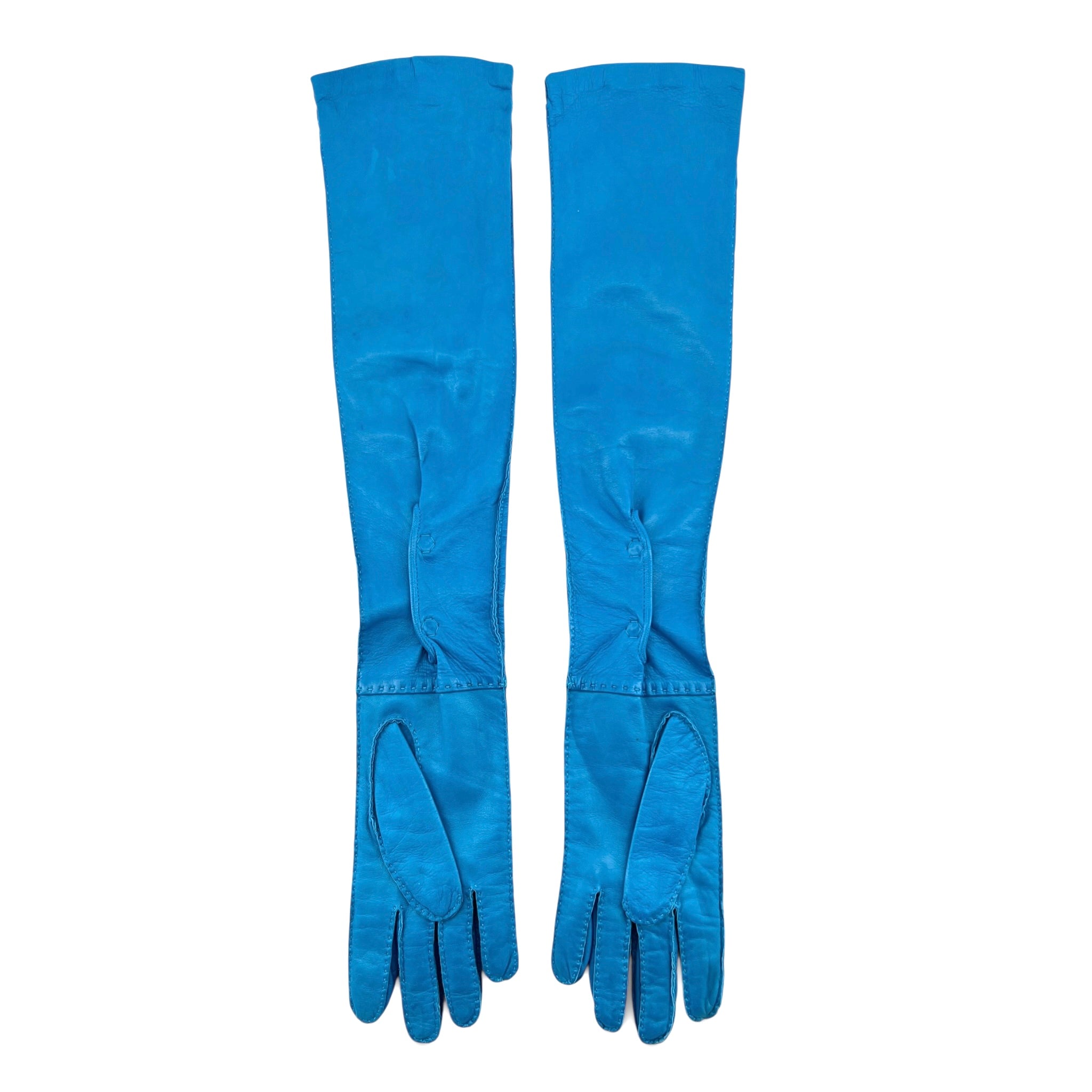 Prada 2020s Blue Lambskin Elbow Length Gloves, long flat