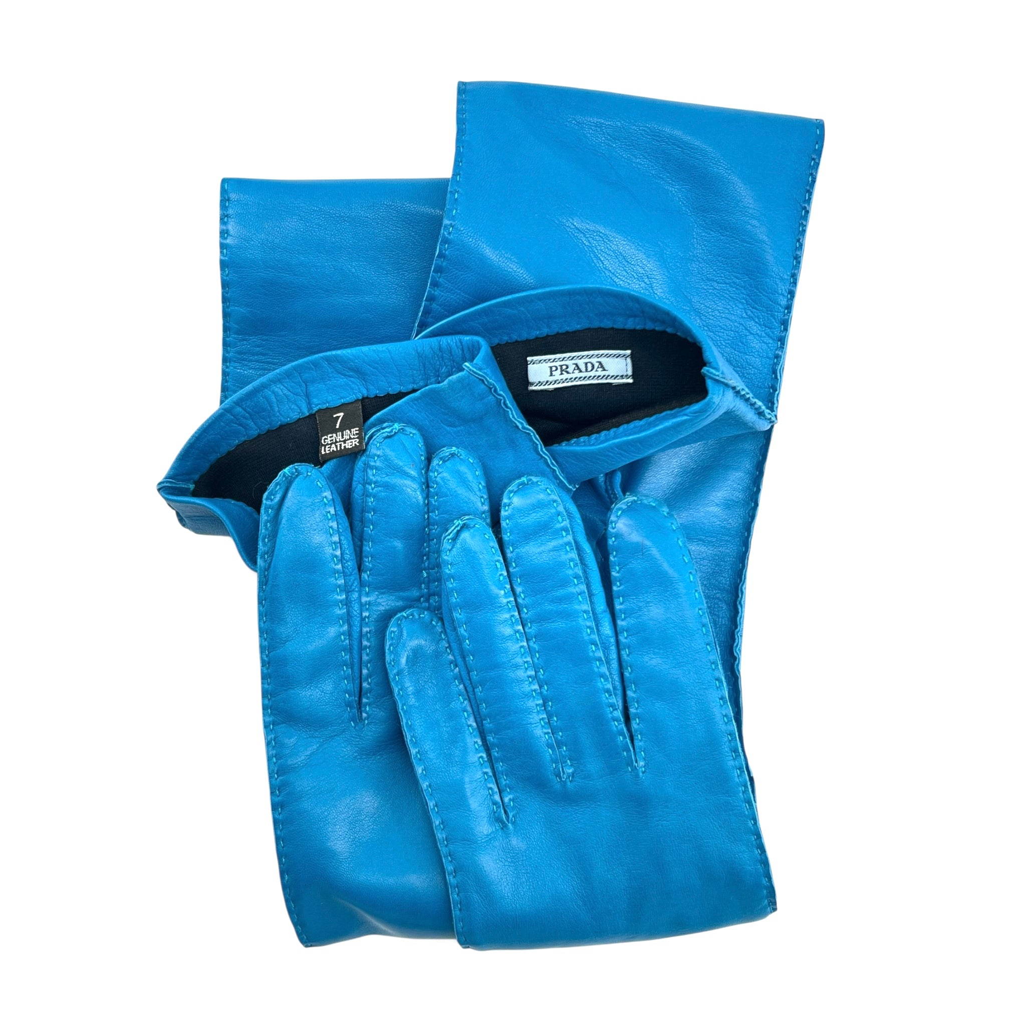Prada 2020s Blue Lambskin Elbow Length Gloves, folded
