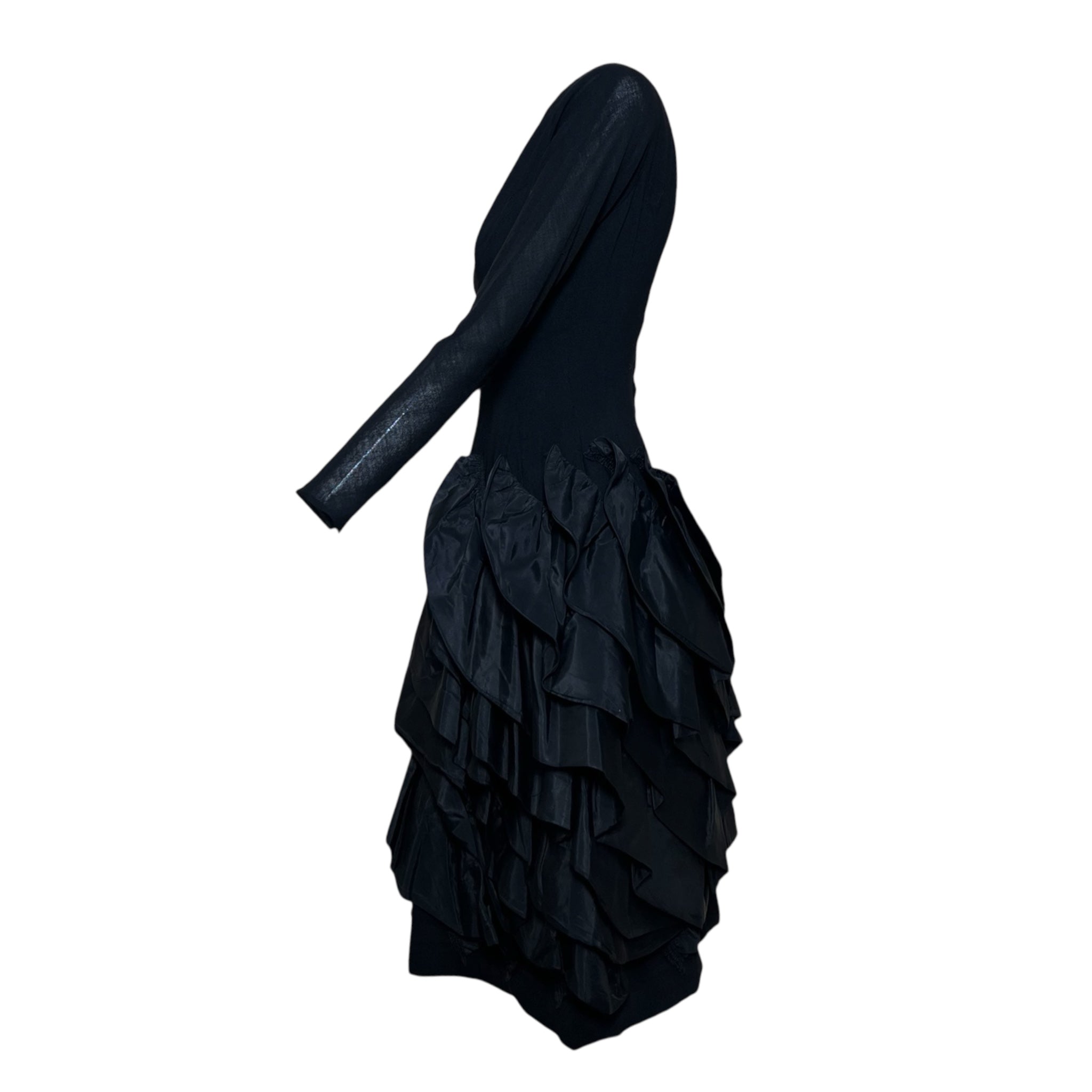 Marsis 1959 Black Crepe Dress w/Diagonal Taffeta Ruffle Skirt , side 4