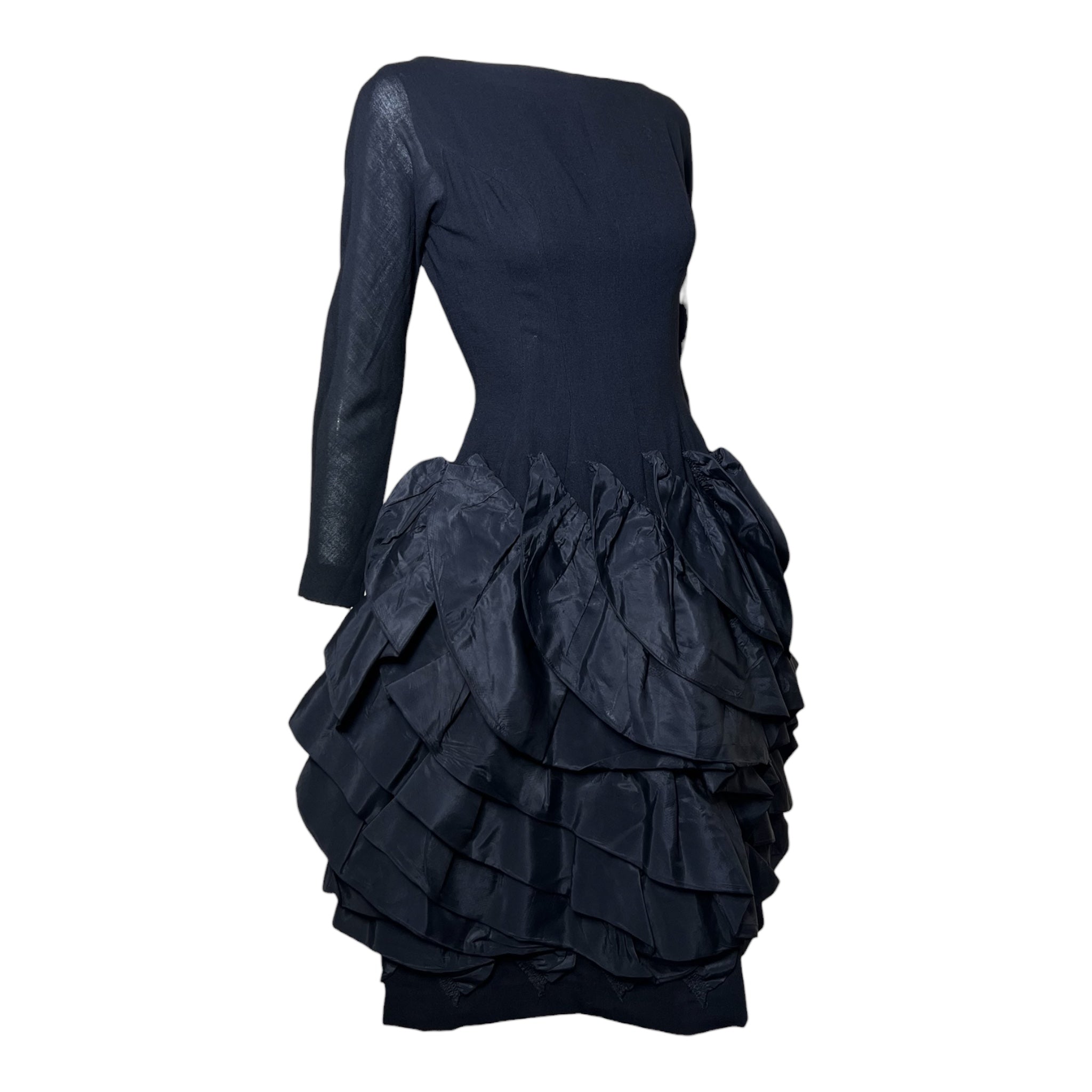 Marsis 1959 Black Crepe Dress w/Diagonal Taffeta Ruffle Skirt , side 2