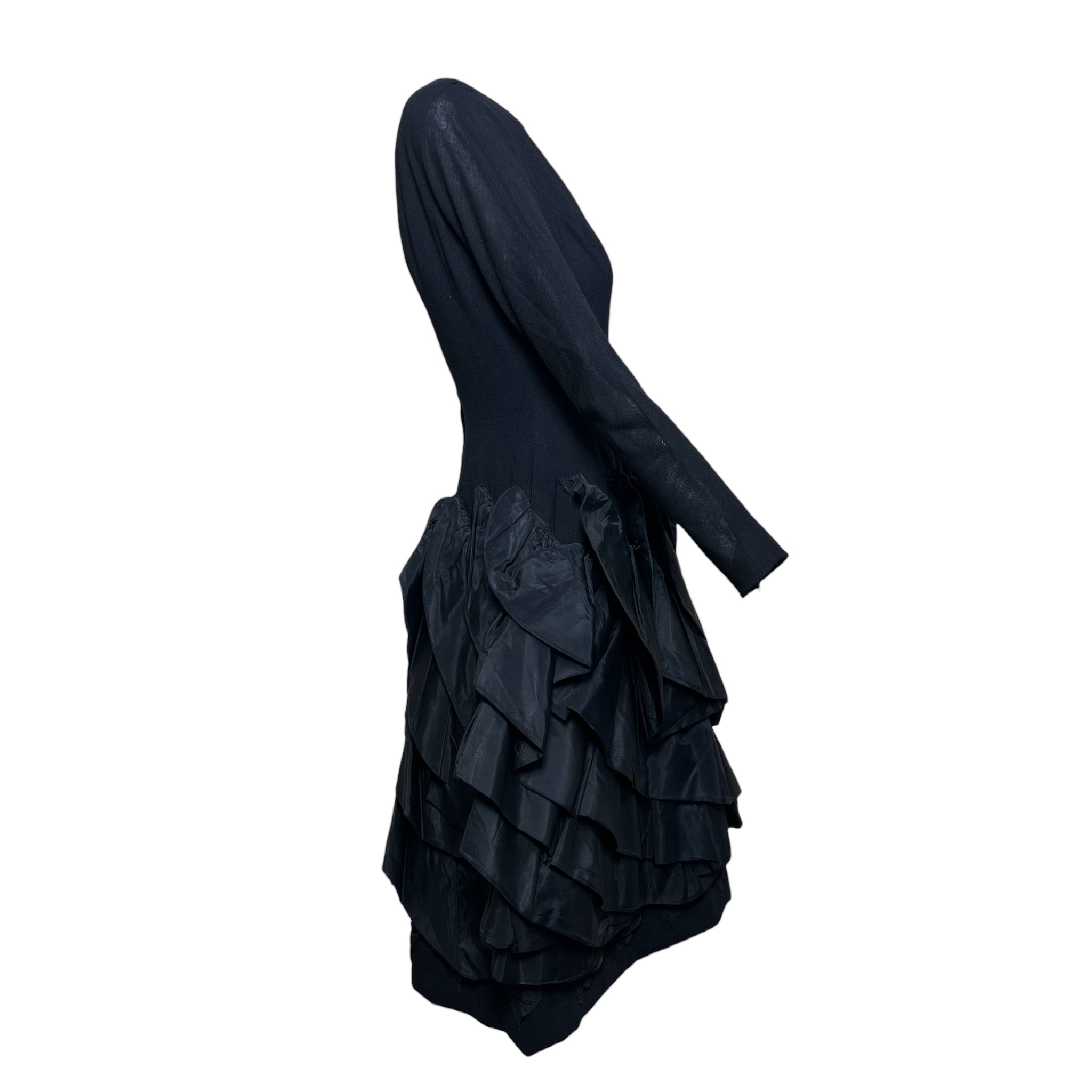 Marsis 1959 Black Crepe Dress w/Diagonal Taffeta Ruffle Skirt , side 3