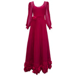 Late 1970s Scarlet Red Silk Georgette Ballgown with Silk Roses