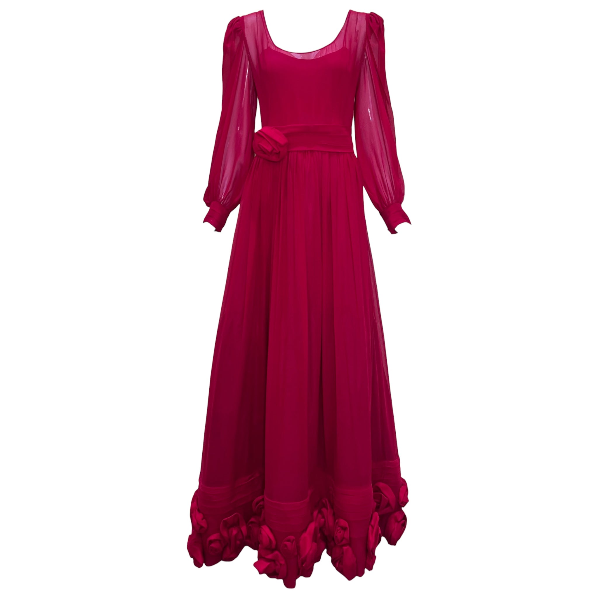 Late 1970s Scarlet Red Silk Georgette Ballgown with Silk Roses