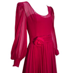 Late 1970s Scarlet Red Silk Georgette Ballgown with Silk Roses, side bodice